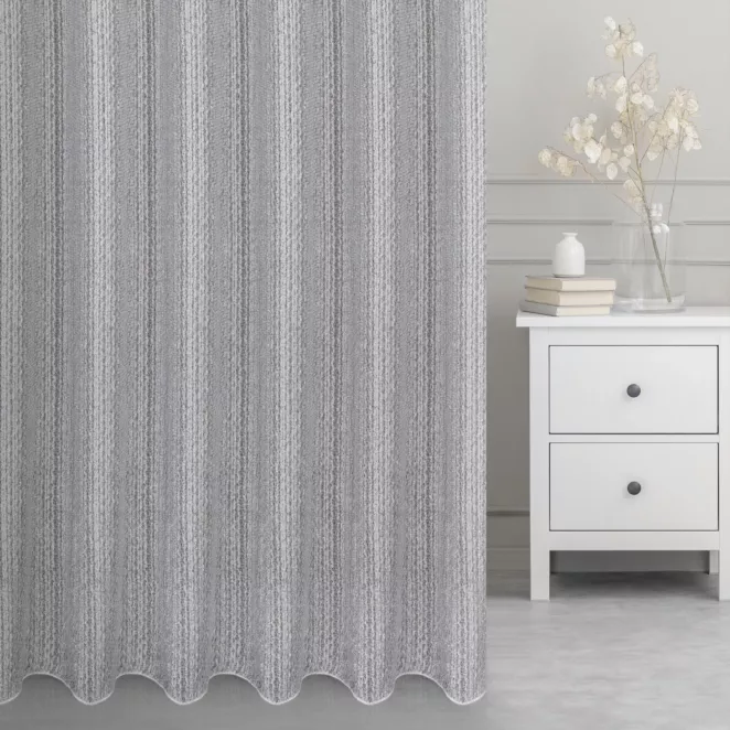 Firana szyta na taśmie 5 cm popielata siatka w stylu eko z efektem melanżu wykończona obciążnikiem