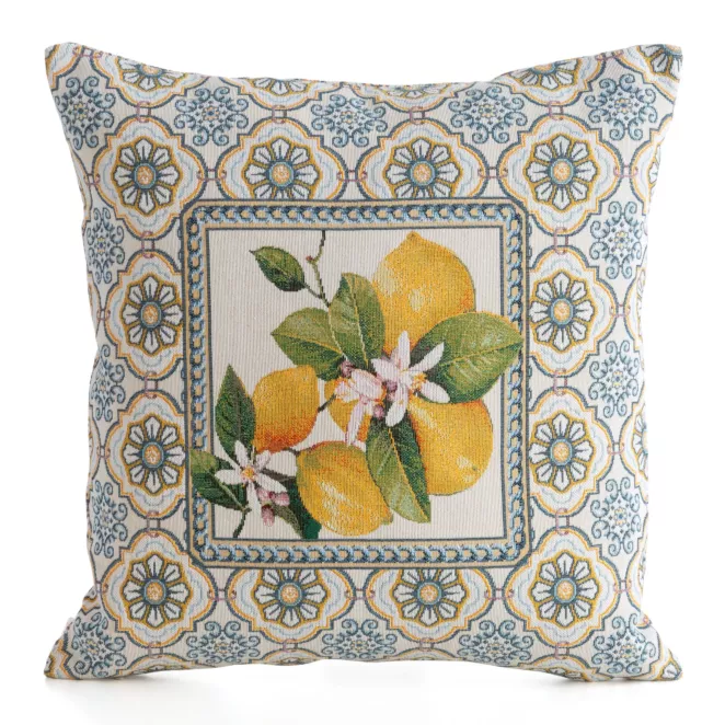 Poszewka na poduszkę 45x45 cm bawełniana, gobelinowa kolor naturalny żółty w modnym włoskim stylu w cytryny GOB