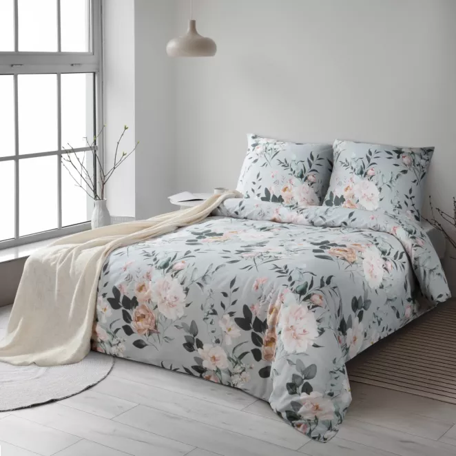 Pościel 140x200 cm bawełna ranforce kolor szary, stalowy z motywem kwiatów ROSITA