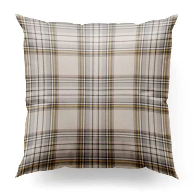 Poszewka szyta beżowo musztardowa z tkaniny z dodatkiem bawełny i nici metalicznej, o wzorze w kratę, zawiera 20% bawełny