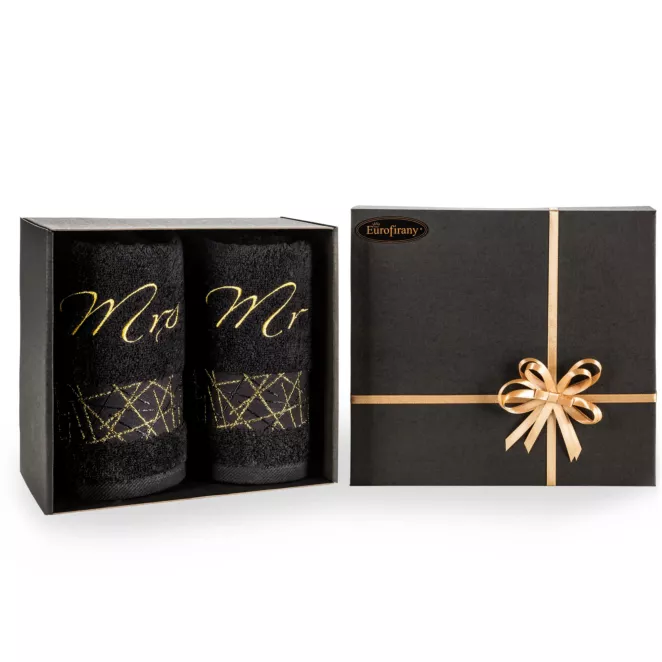 Zestaw ręczników bawełnianych na prezent 2 szt 50x90 cm kolor czarny, złoty z haftem MRS&MR