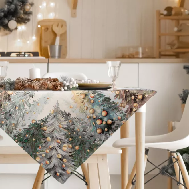 Świąteczny obrus naturalno, zielony 100x100 cm gobelinowy zdobiony tkanym motywem choinek