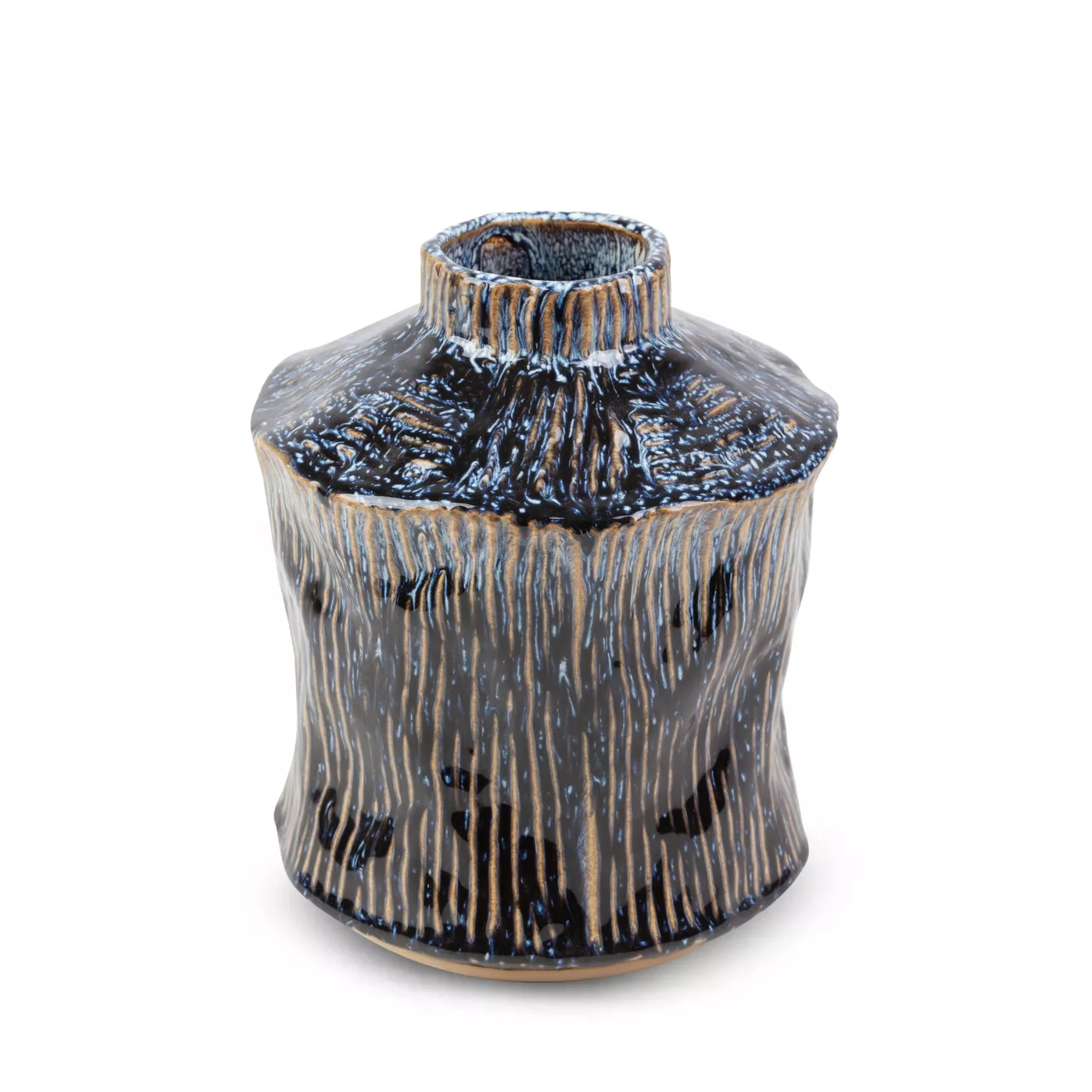 Wazon ceramiczny granatowo-beżowy o nieregularnym kształcie w stylu boho średnica 17x20 cm ALDA