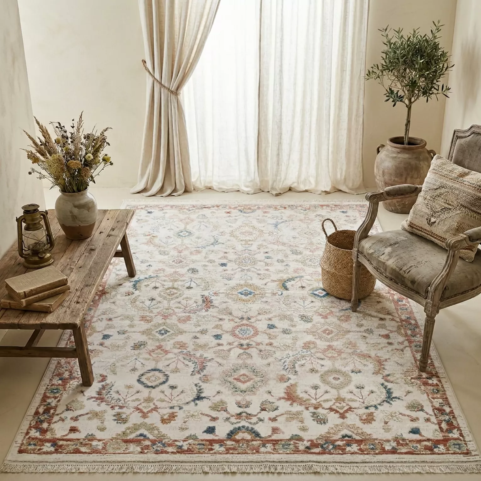Dywan 60x100 cm kremowo, ceglasty z klasycznym motywem w stylu vintage ELORA8
