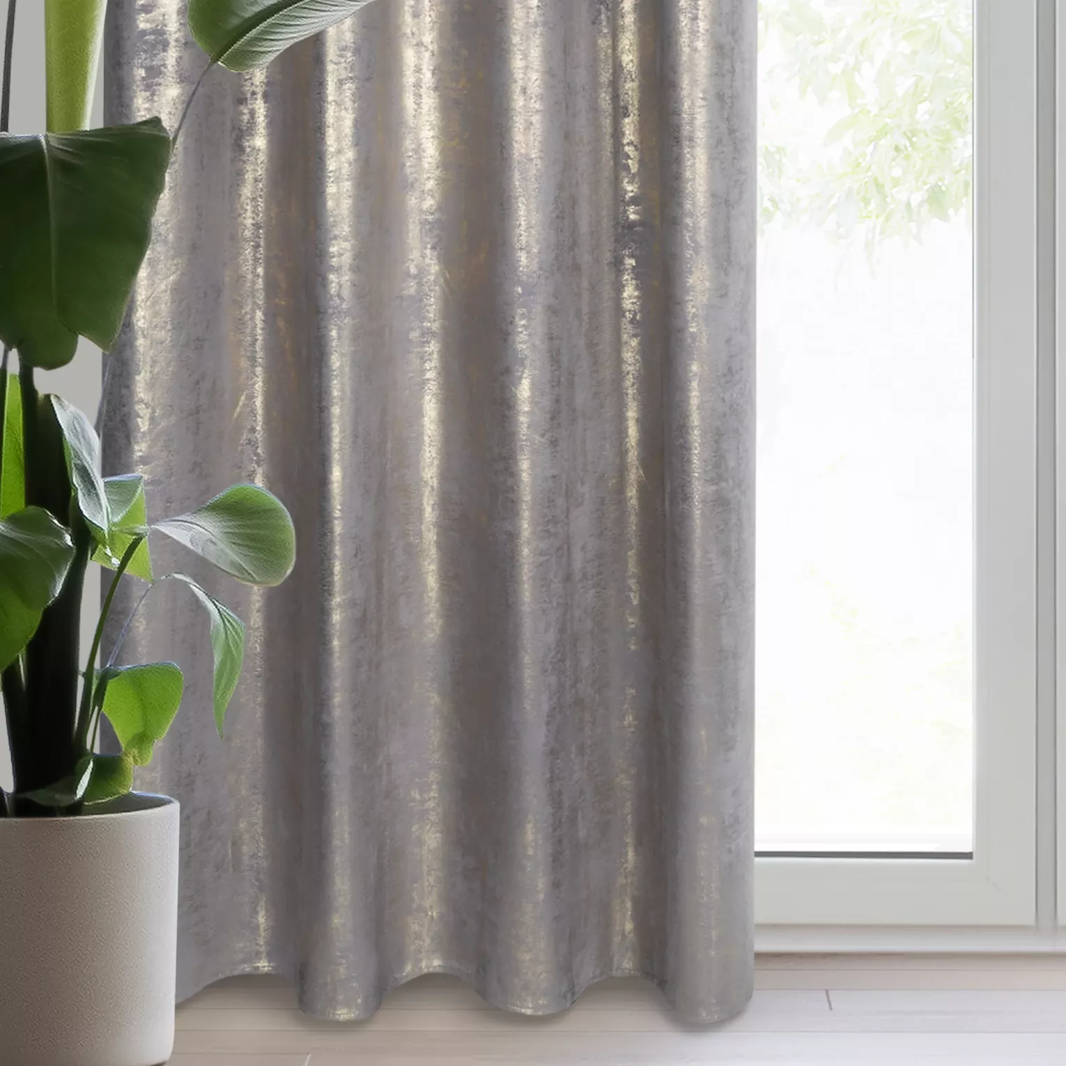 Zasłona welwetowa satalowo, złoty  zdobiona przecieranym wzorem 140x270 cm taśma - RENIA