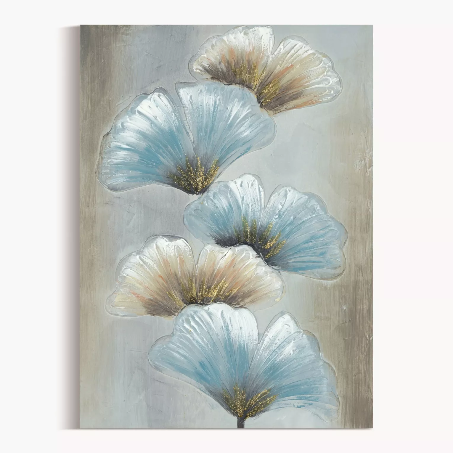 Obraz roślinny beżowo, niebieski ręcznie malowany na płótnie liście miłorzębu 50x70 cm GINKO 1
