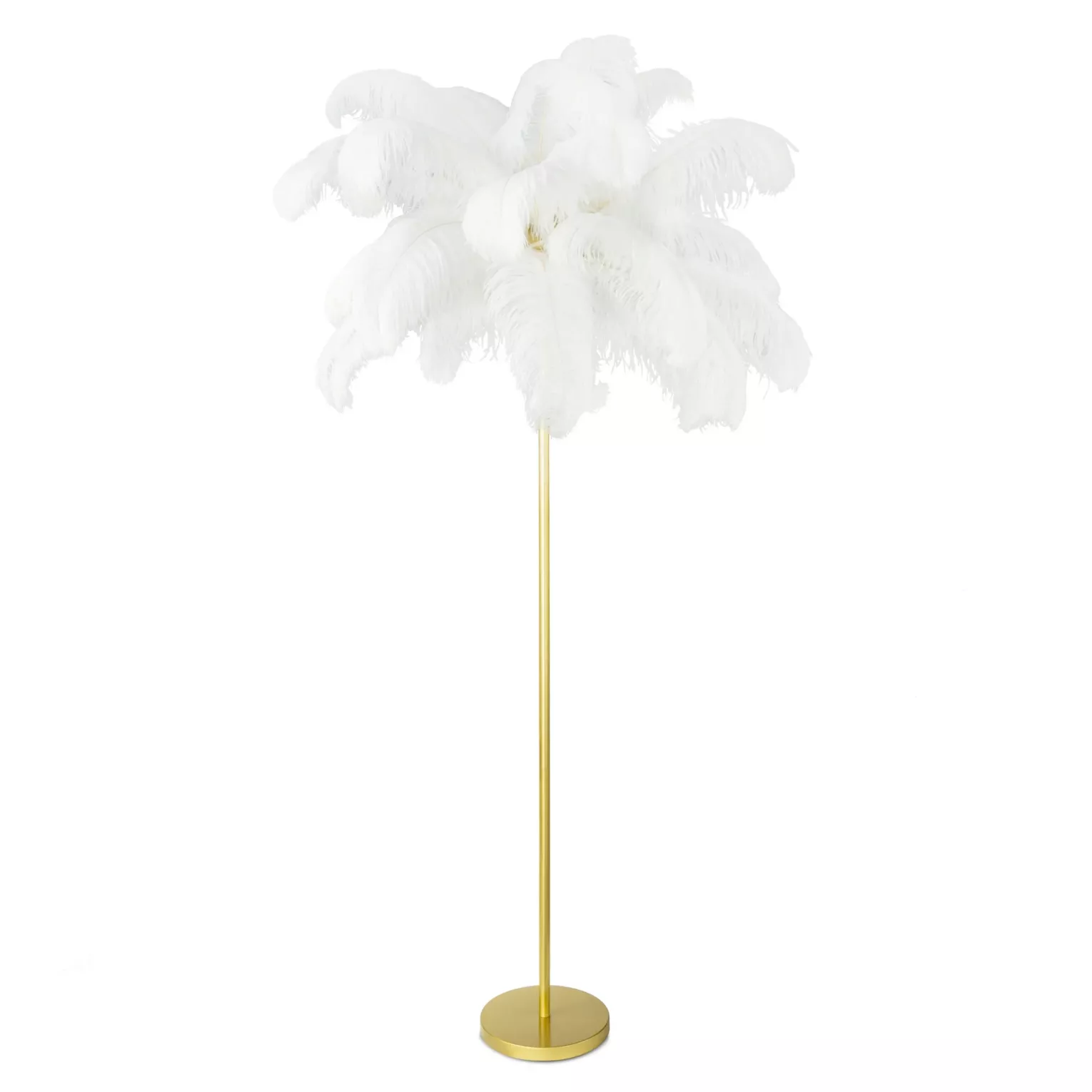 Lampa stojąca do salonu biało, złota na metalowej podstawie z efektownym abażurem z naturalnych strusich piór 95 x 95 x 180 cm FERI