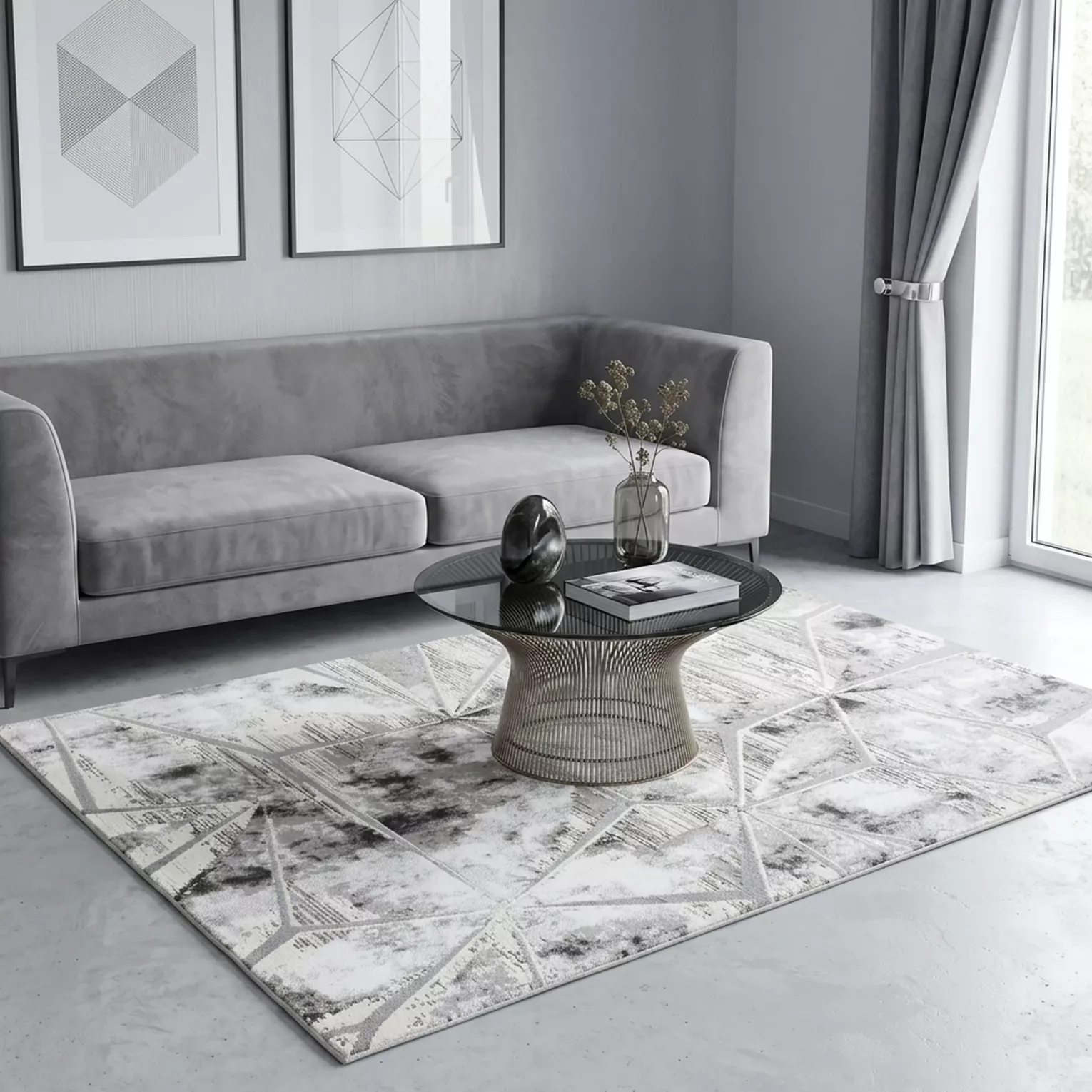 Dywan 60x100 cm stalowo, biały zdobiony geometrycznym przestrzennym wzorem MILAN 5