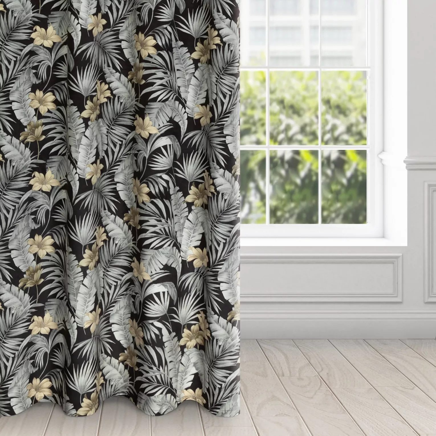 Zasłona czarno, stalowa zdobiona wzorem botanicznym z welwetu 140x250 cm przelotka - LOREN