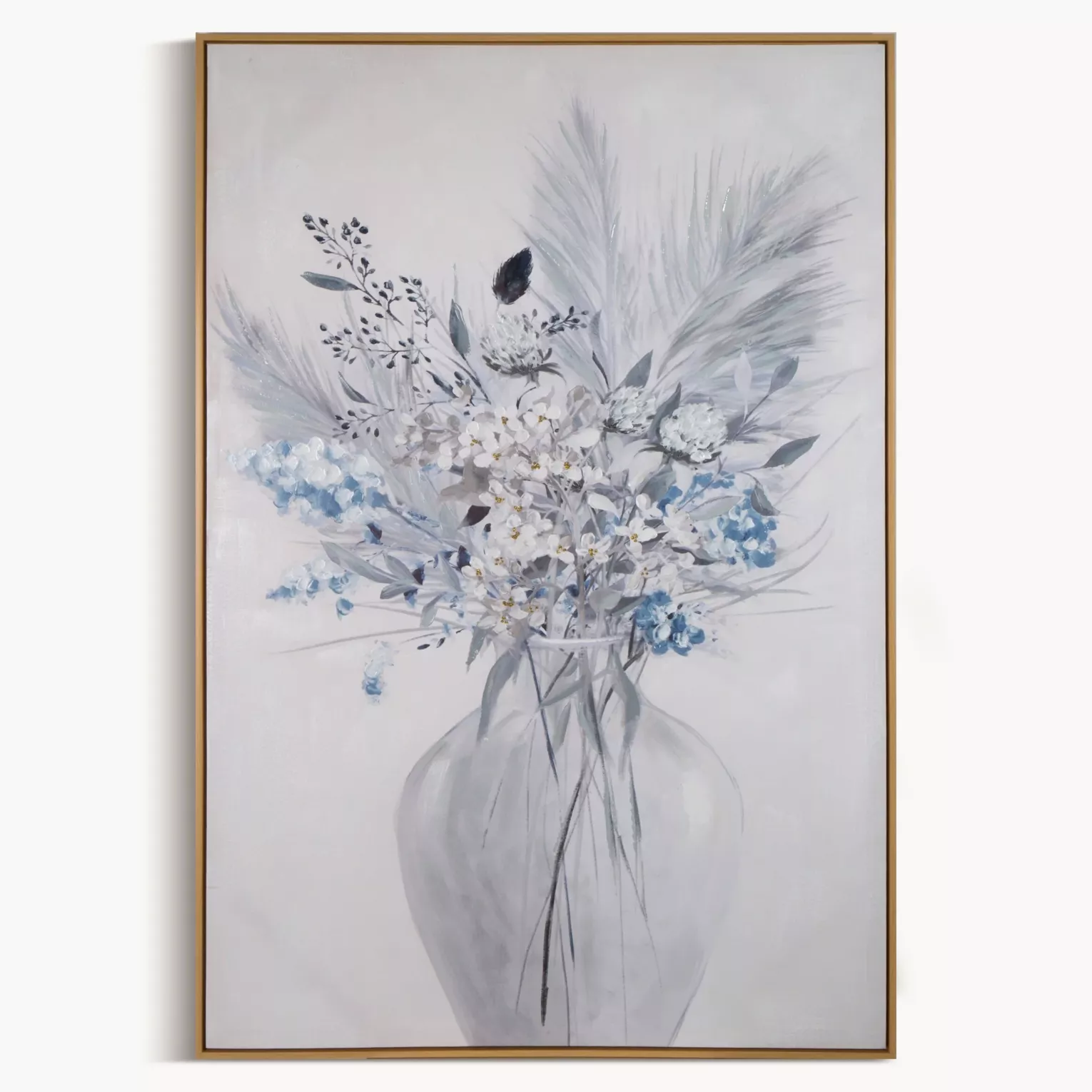 Obraz roślinny biało, szary ręcznie malowany na płótnie 80x120 cm