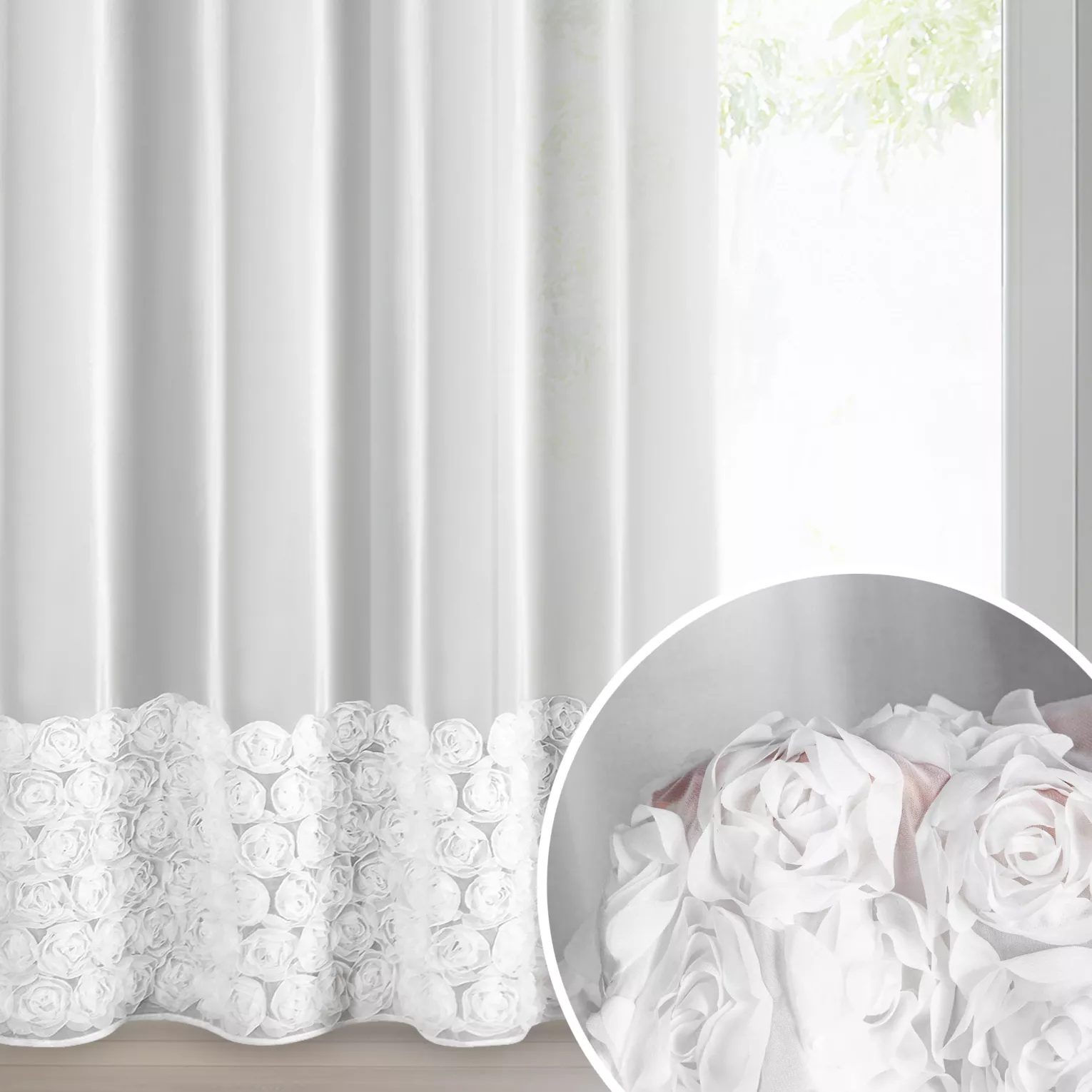 Firana biała z siateczki zdobiona aplikacją 3D w róże 140x250 cm przelotka - ROSES3 - Eva Minge
