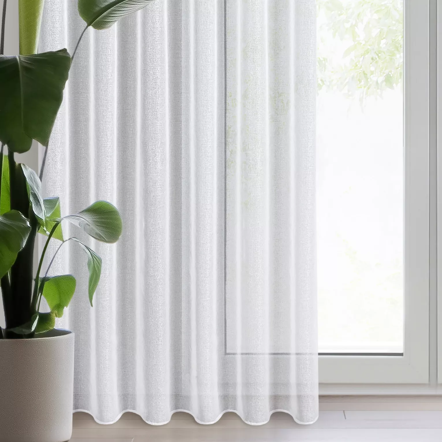 Firana biało, srebrna z gładkiej etaminy z efektem połysku 350x270 cm taśma LENA