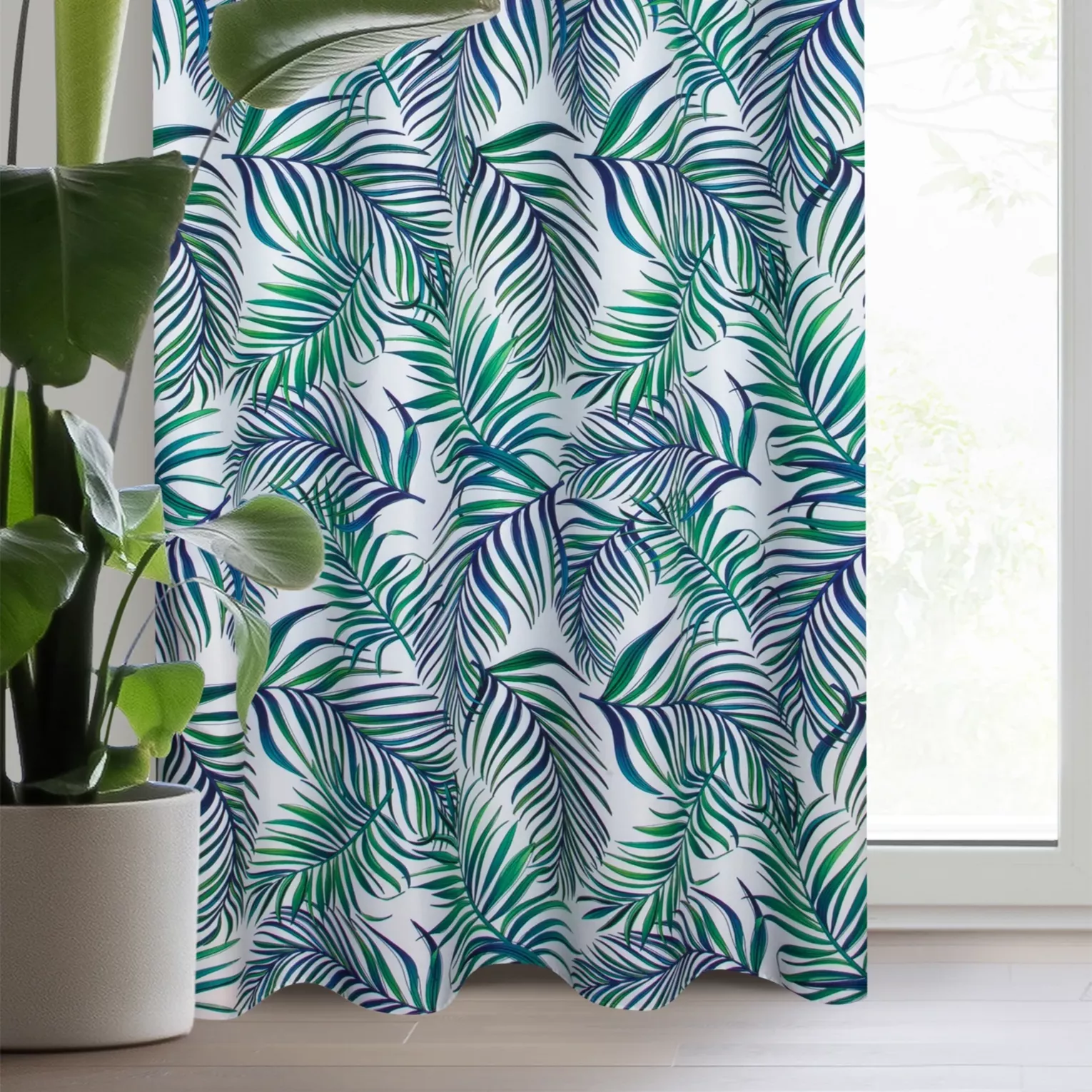 Zasłona biało, granatowa zdobiona nadrukiem palmowych liści 140x250 cm przelotka - PALMAS