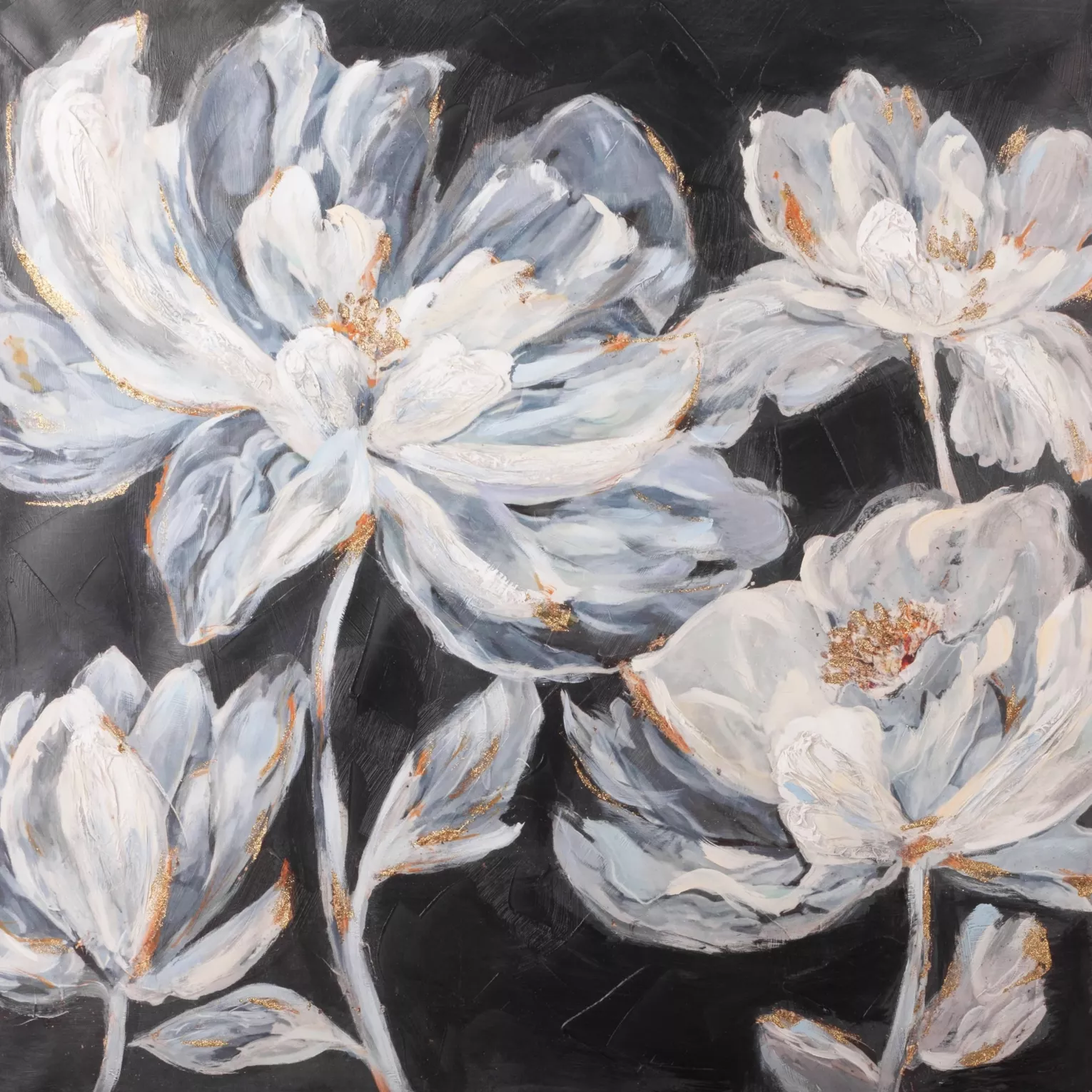 Obraz kwiatowy czarno, biały ręcznie malowany na płótnie ze złotymi refleksami 80x80 cm ANEMONE 1