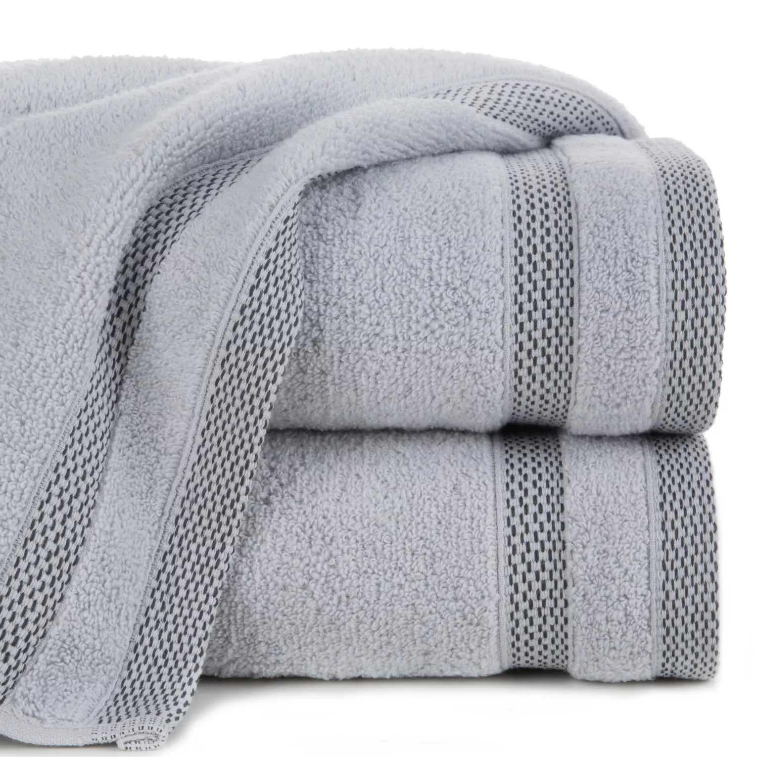 Ręcznik kąpielowy 50x90 cm bawełniany kolor srebrny zero twist z bordiurą w paski 400 g/m2 RIKI
