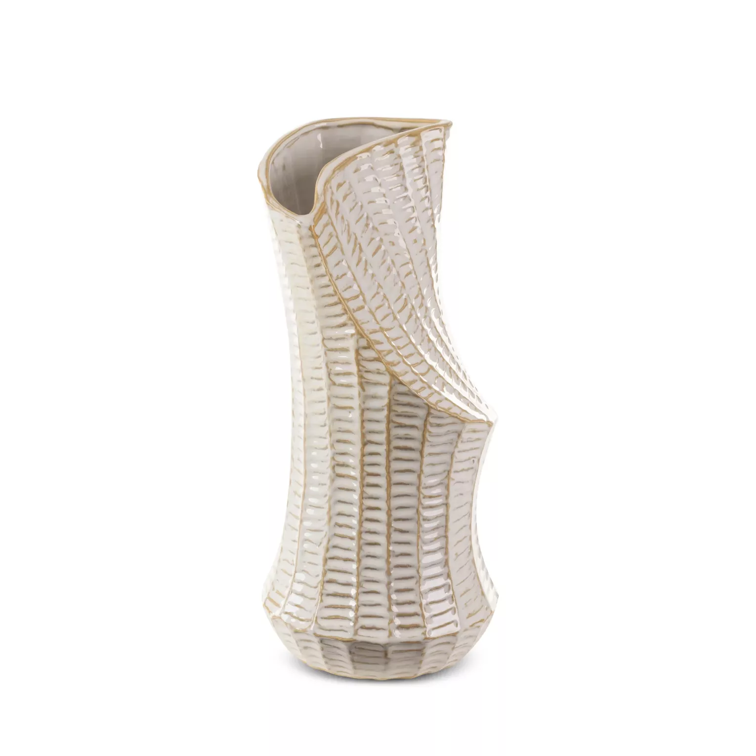 Wazon ceramiczny  kremowo-złoty z wytłaczanym wzorem o ściętym kształcie  18x18x40 cm LIZA