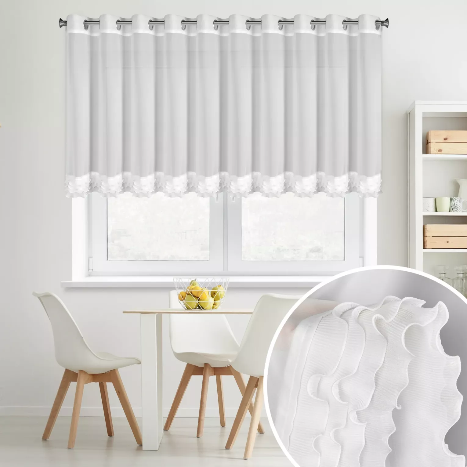 Firana biała z szyfonu zdobiona falbanką  400x80 cm przelotka - LUISA