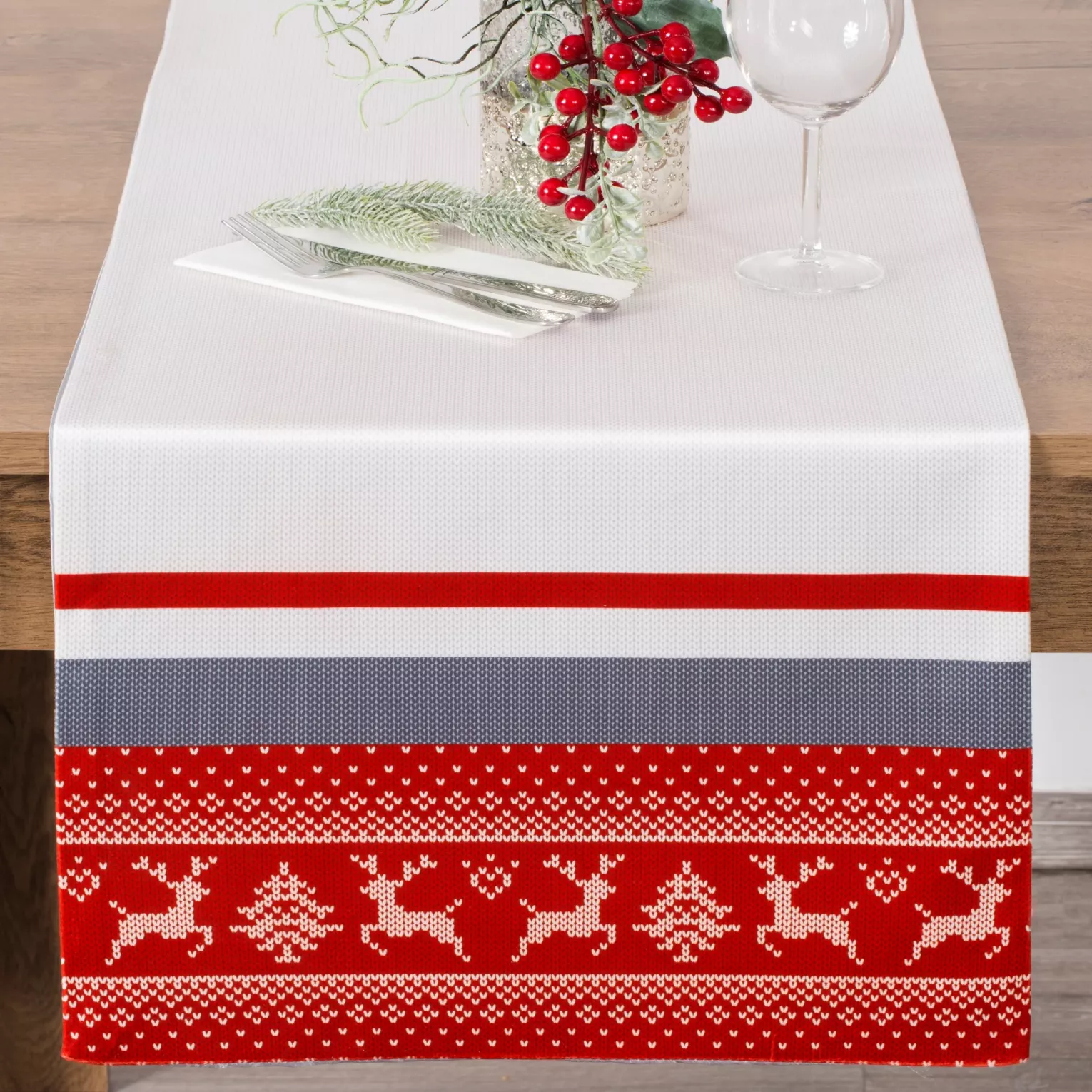 Bieżnik na stół biało, czerwony 40x140 cm welwetowy NOEL z motywem skandynawskim