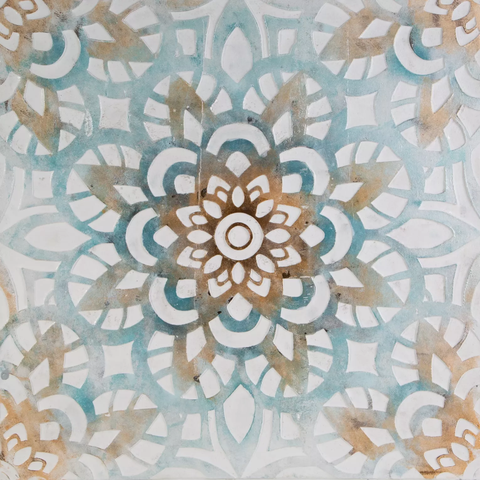 Obraz abstrakcja niebiesko, pomarańczowy ręcznie malowany na płótnie akcent folkloru 80x80 cm ORAMENTS