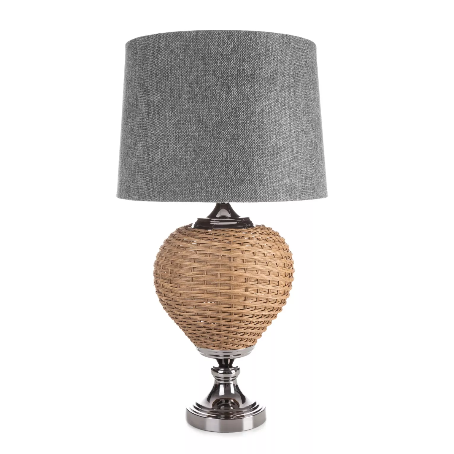 Lampa stołowa do pokoju stalowo, beżowa  w stylu boho z plecioną podstawą i matowym abażurem 38 x 78 cm PATI