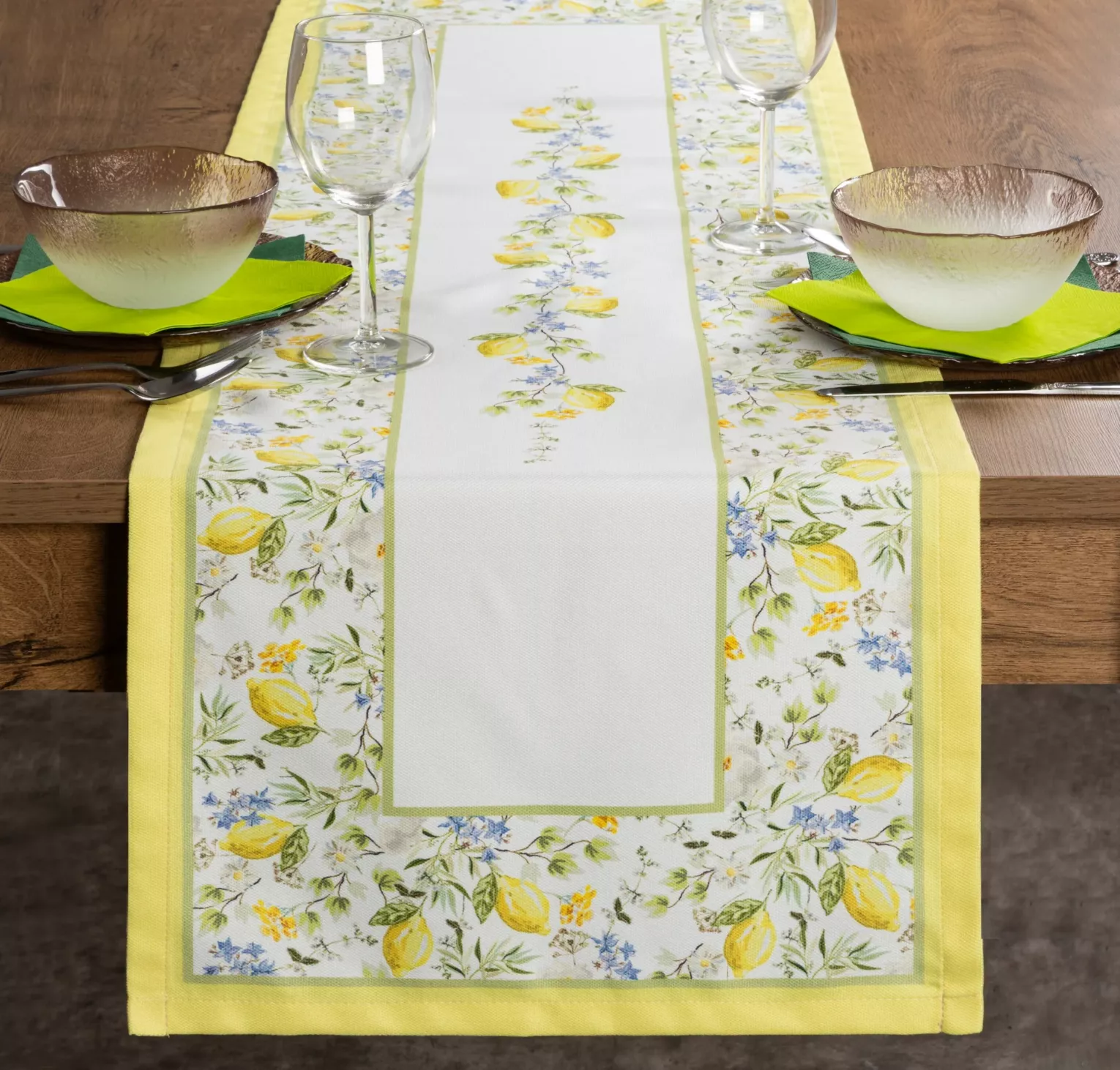 Bieżnik na stół 40x140 cm jasnokremowo, żółty w letni motyw cytryn  SUMMER 16