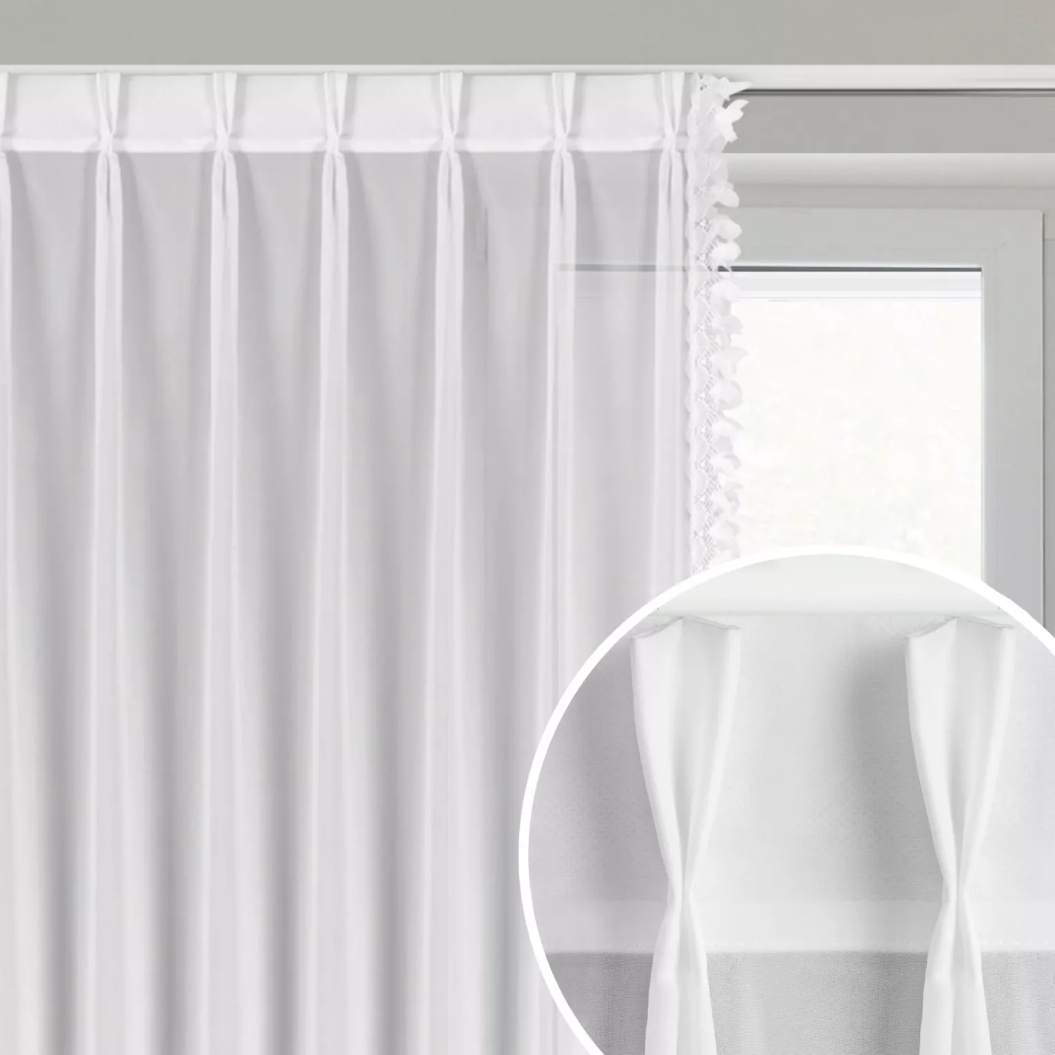 Firana biała z szyfonu zdobiona aplikacją 80x270 cm (wymiar podany na gotowo) system flex - LORETA
