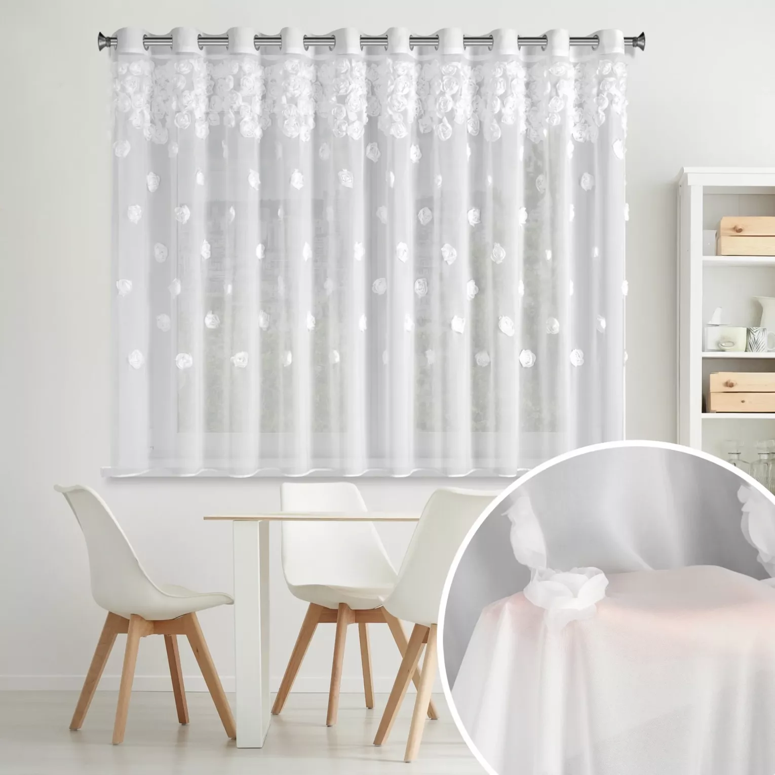 Firana biała z szyfonu zdobiona różami 3D 350x160 cm przelotka - DIANA