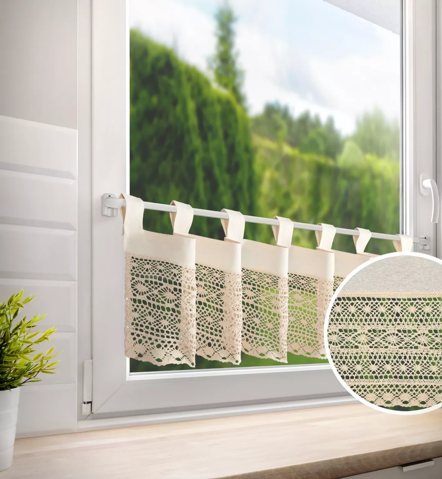 Zazdrostka jasnobeżowa z bawełny zdobiona ażurowym wzorem 150x35 cm szelki  MADDELINE