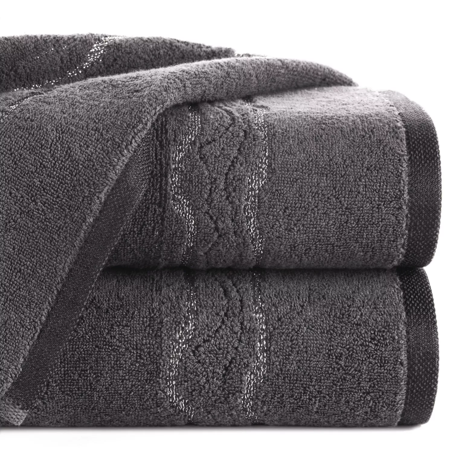 Ręcznik do rąk 30x50 cm bawełniany kolor stalowy zdobiony bordiurą z błyszczącym wzorem 500 g/m2 KARIN
