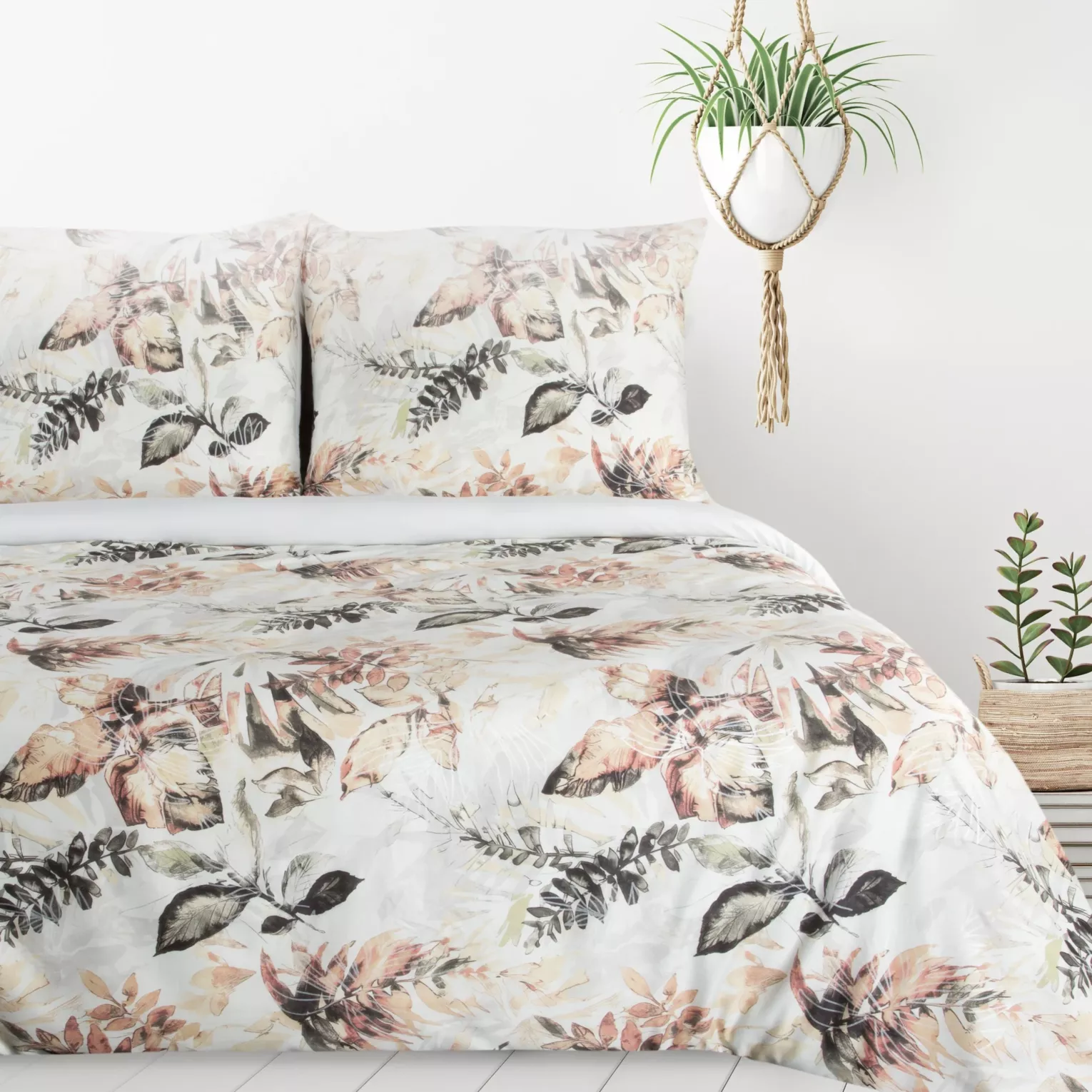 Pościel 160x200 cm komplet 3 częściowy kolor biały, pomarańczowy z motywem liści ARINA Design 91