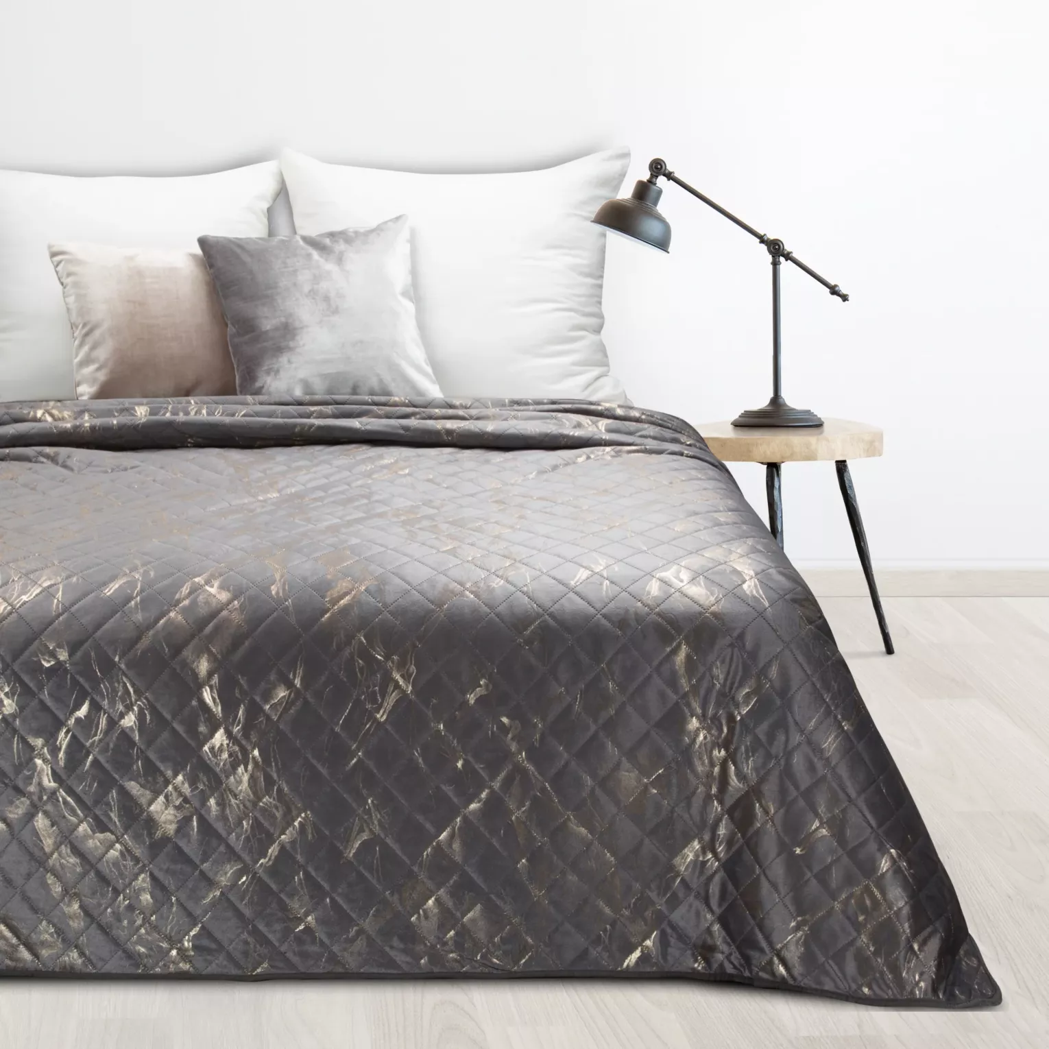 Narzuta welwetowa stalowo, złota 200x220 cm z welwetu zdobiona wzorem marmuru LUIZ 6 Design 91