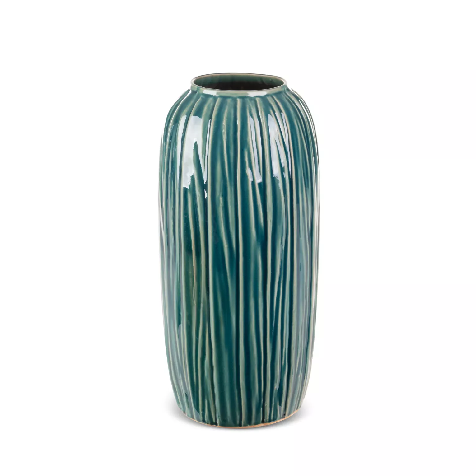 Wazon ceramiczny zielono-beżowy  w stylu boho w prążki średnica 17x36 cm
