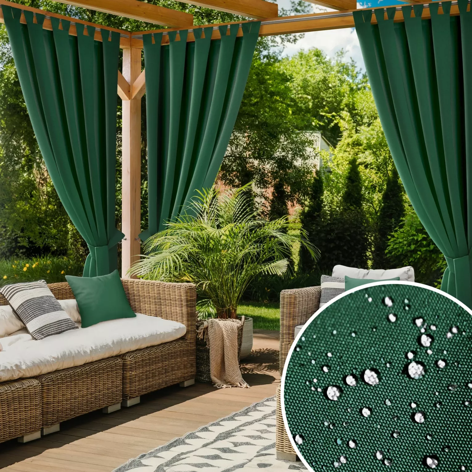 Zasłona ciemnozielona z wodoodpornej tkaniny idealna do ogrodu i na taras 155x260 cm szelki/rzep - GARDEN