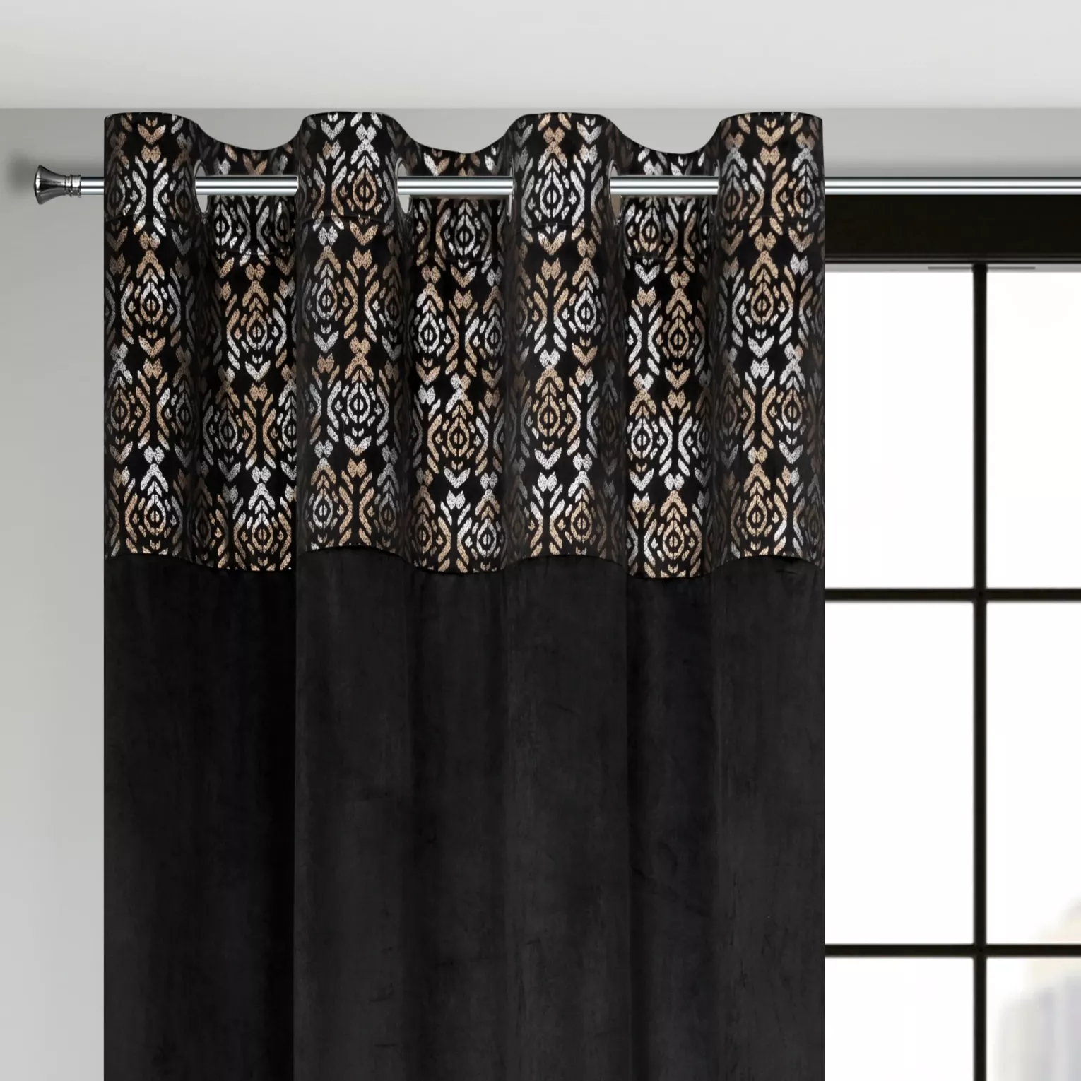 Zasłona czarno, złota z dekoracyjnym pasem z welwetu 140x250 cm przelotka - LIZA