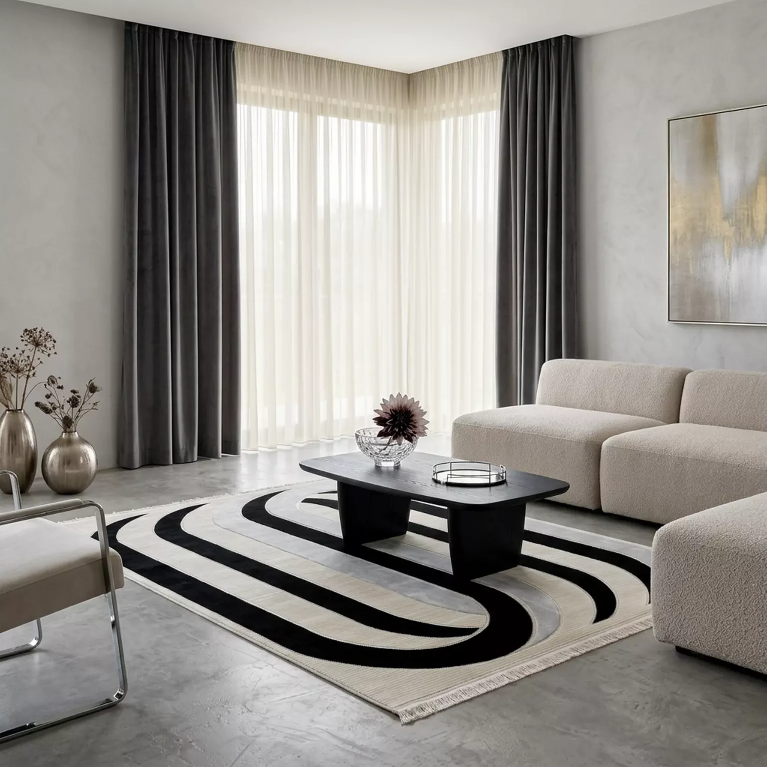 Dywan 60x100 cm kremowo, czarny zdobiony designerskim wzorem AURA 5