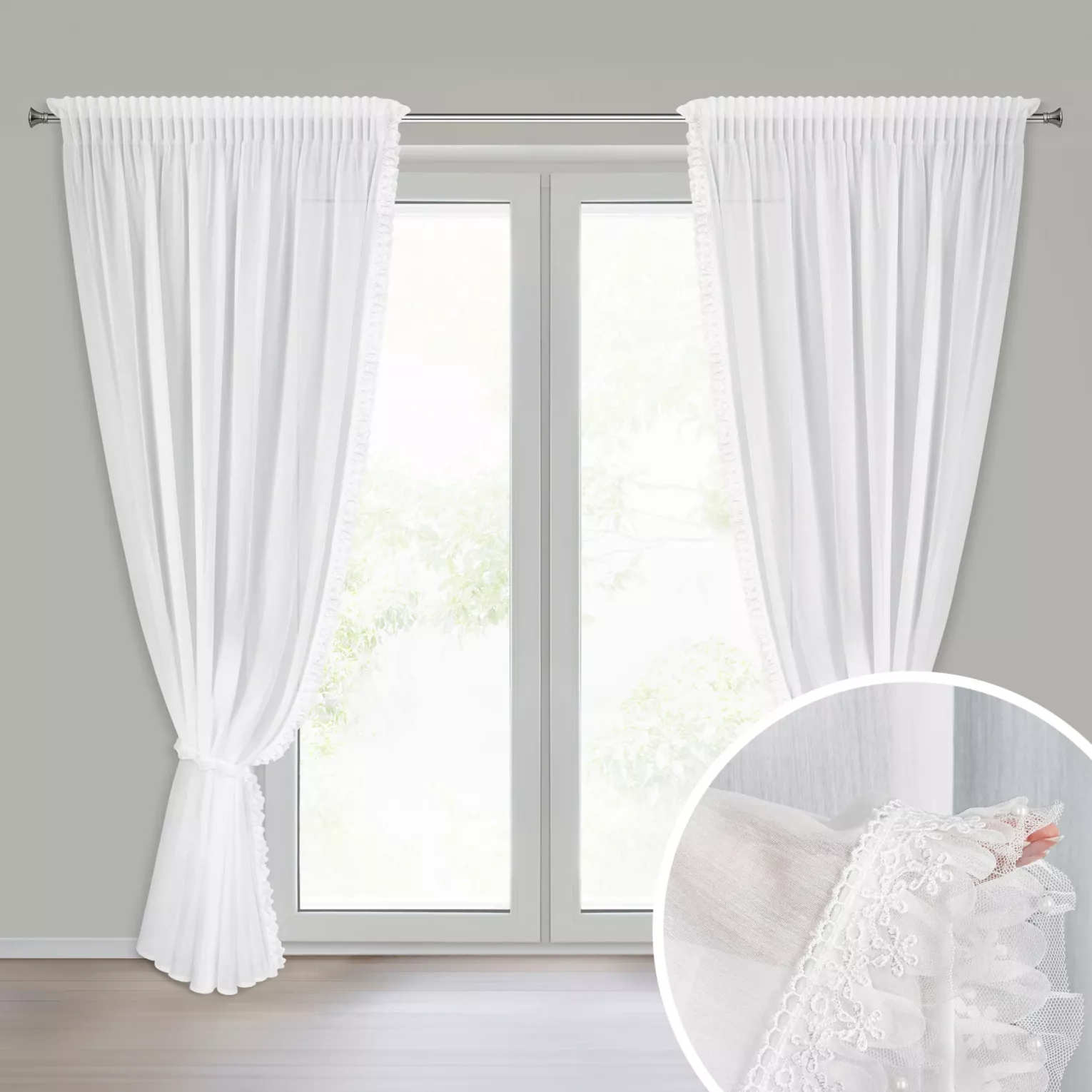 Komplet firan białych zdobionych aplikacją z gipiurą z perełkami 140x270 cm taśma+troczek ELENA