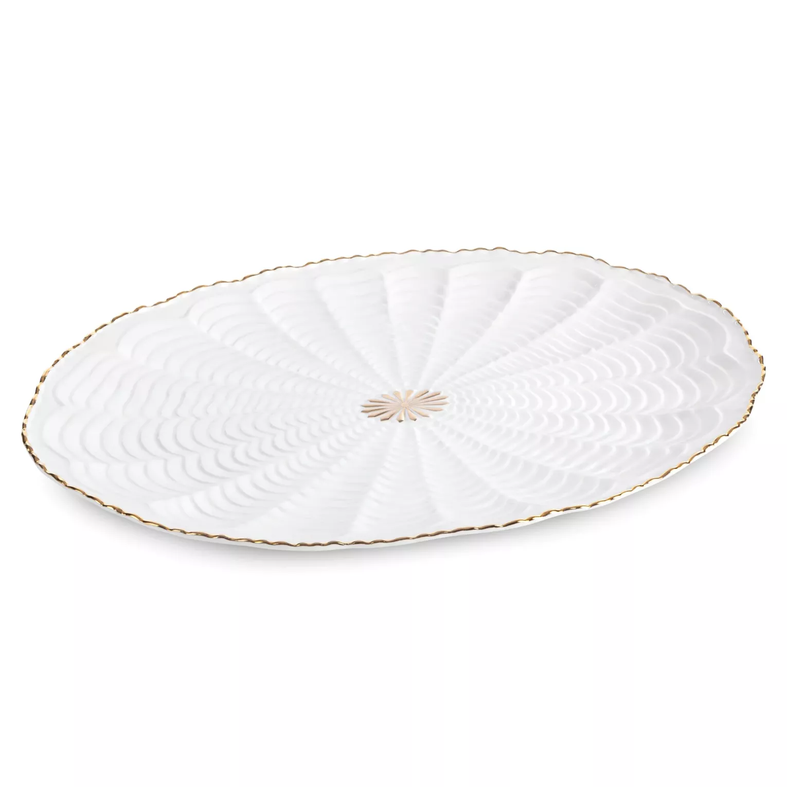 Patera ceramiczna  dekoracyjna kremowo-złota z wypukłym wzorem i złotymi akcentami 41x28x3 cm GAIA