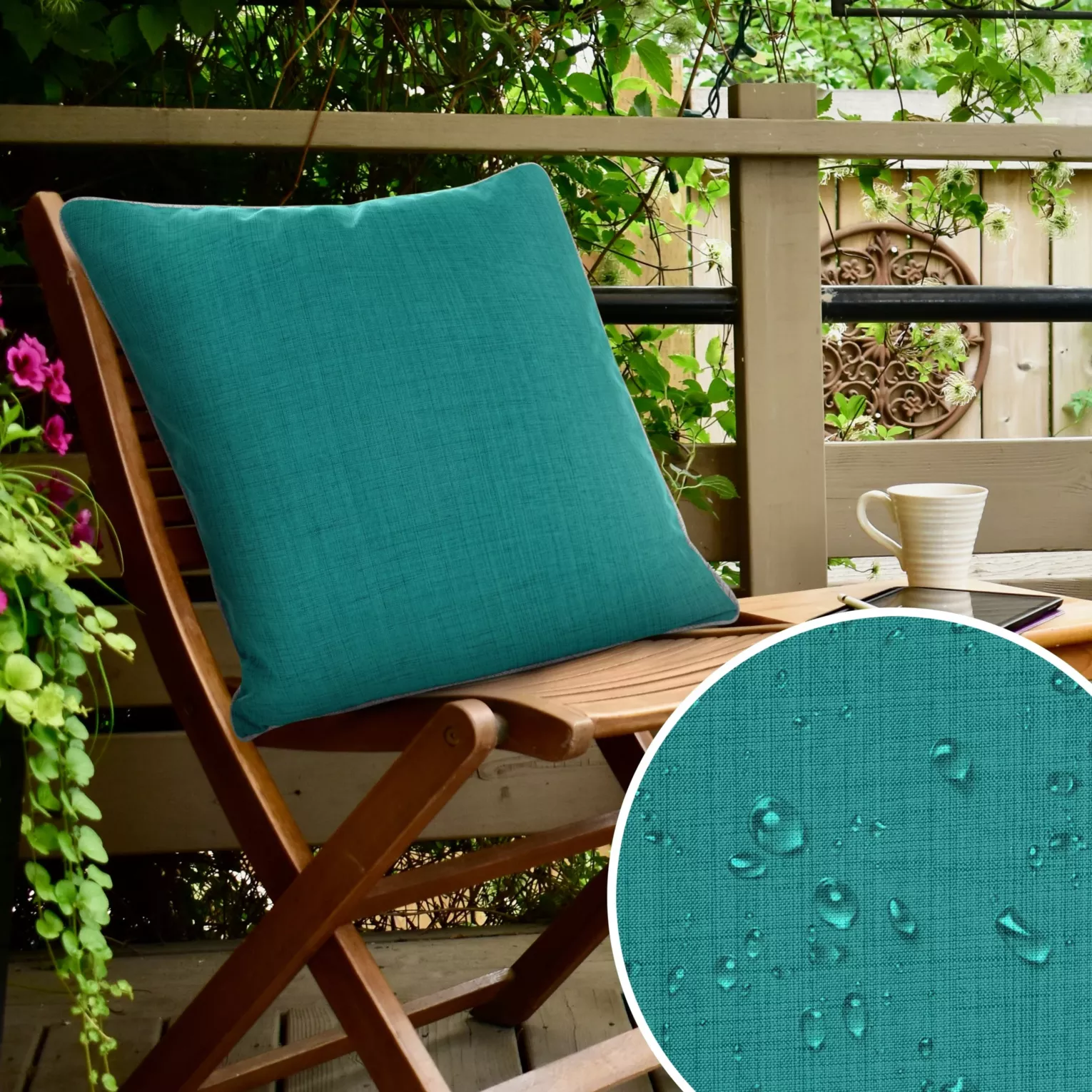 Poszewka na poduszkę 45x45 cm z gładkiej tkaniny wodoodpornej turkusowa idealna do ogrodu i na taras GARDEN 3