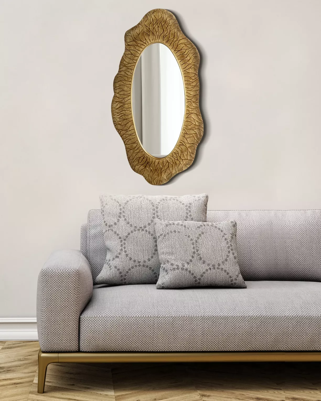 Lustro kremowe w ceramicznej złotej ramie z wytłoczeniami 52x4x98 cm