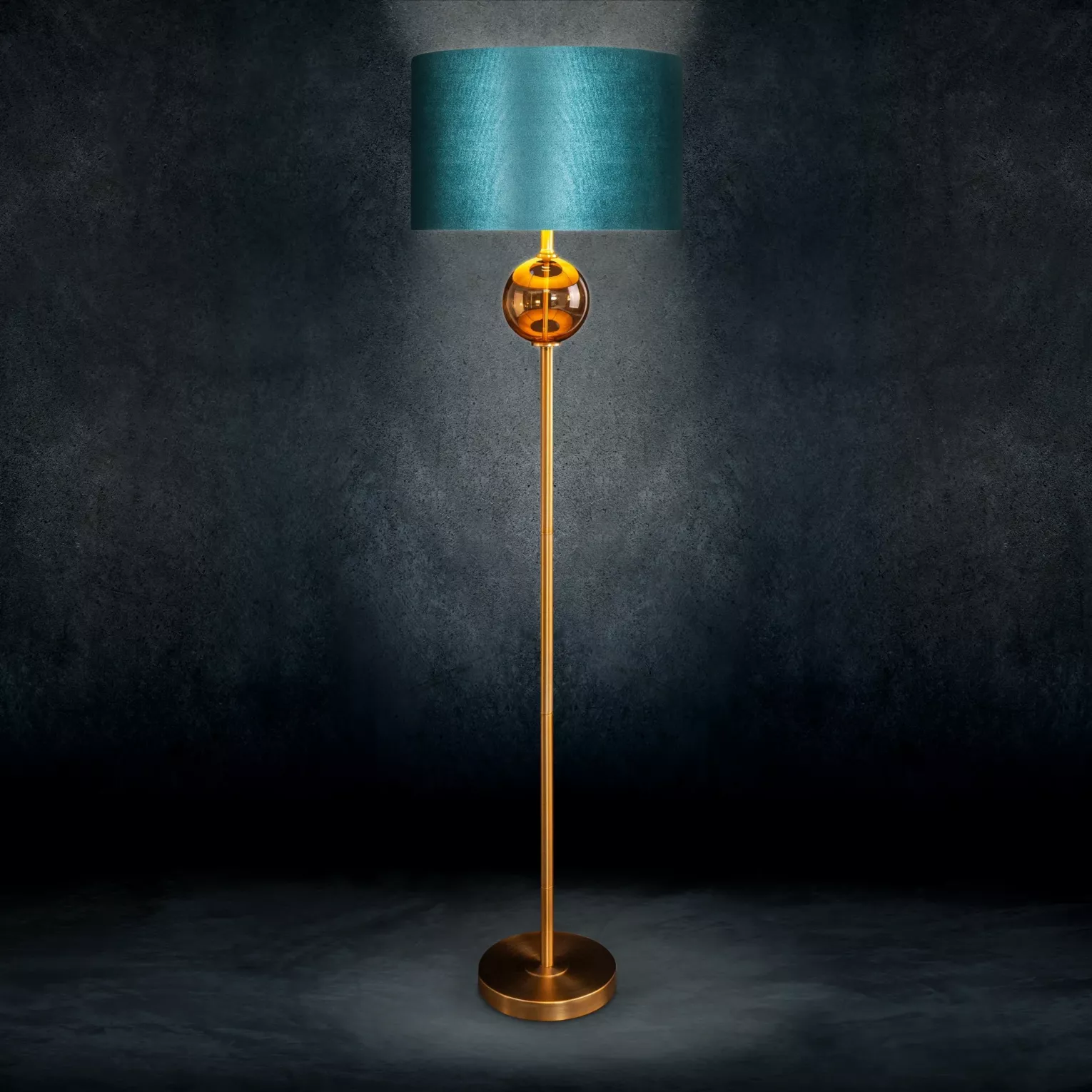 Lampa stojąca do pokoju turkusowo, złota  z podstawą łączącą szkło i metal oraz welwetowym abażurem 46 x 165 cm MUSA