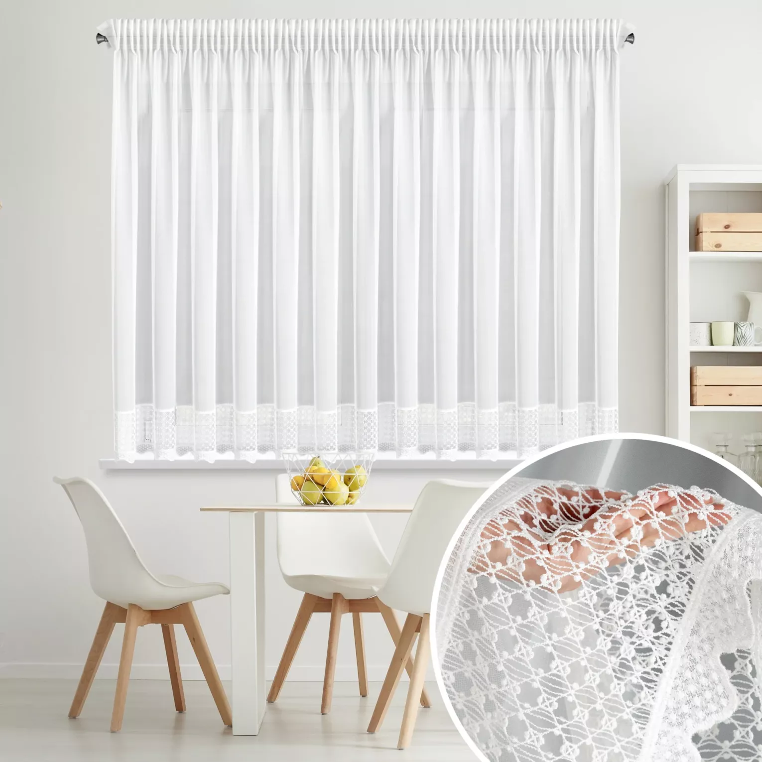 Firana biała z mikrosiateczki zdobiona ażurową koronką 350x150 cm taśma - KATRINA