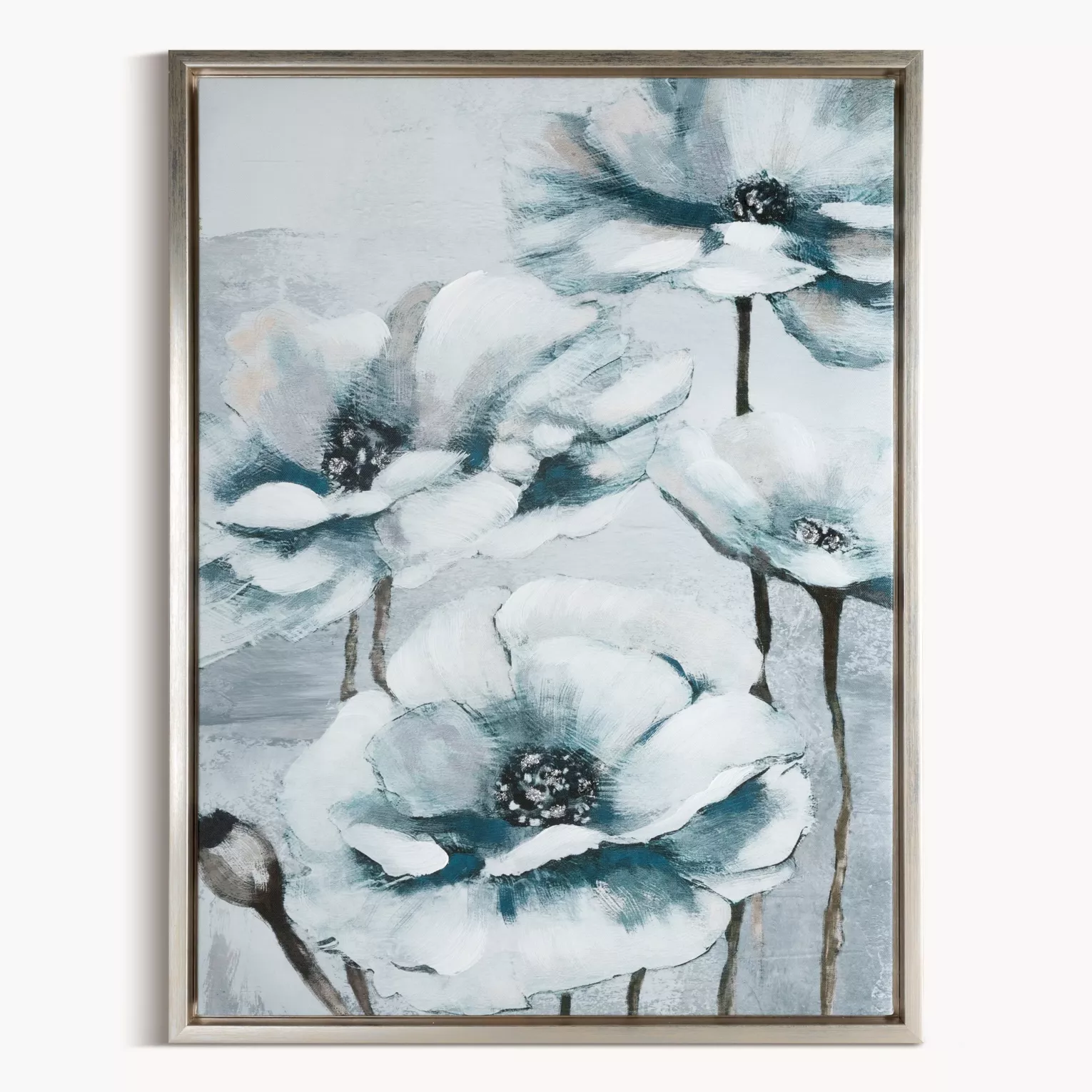 Obraz z kwiatami biało, niebieski ręcznie malowany na płótnie 45x60 cm