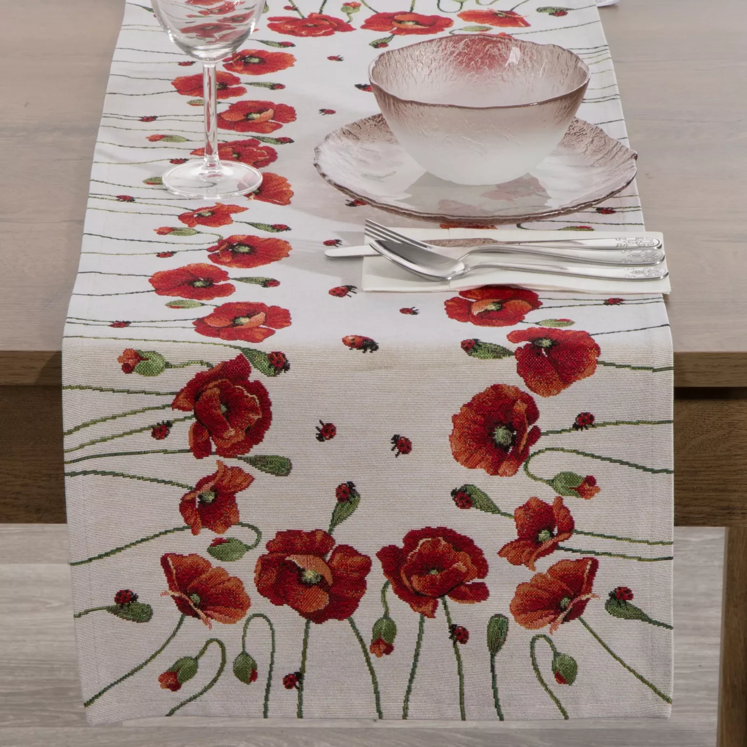 Bieżnik na stół naturalno, czerwony 40x100 cm gobelinowy zdobiony motywem maków