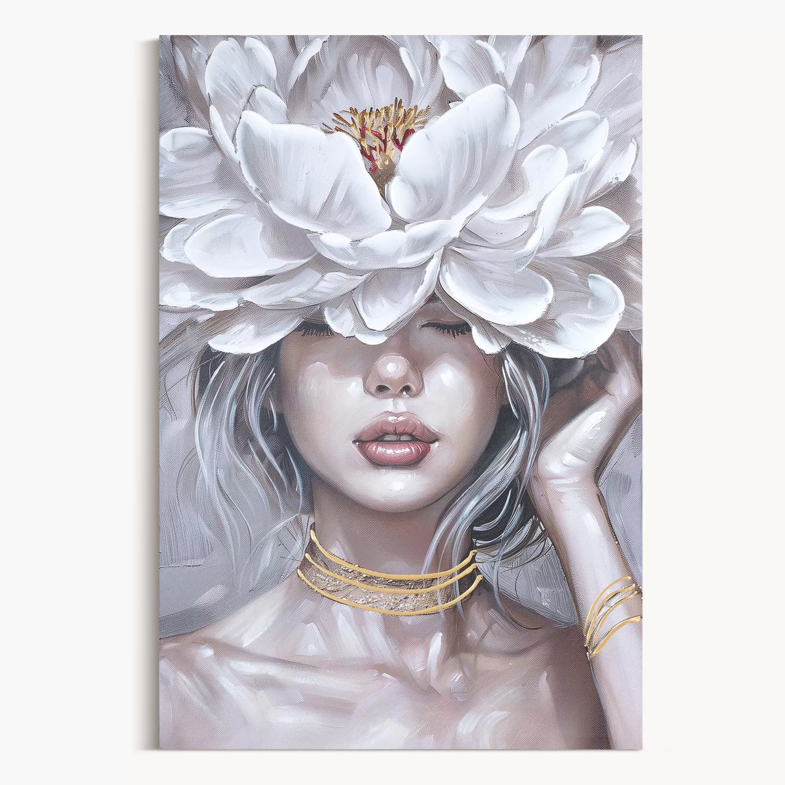 Obraz postaci beżowy ręcznie malowany na płótnie 60x90 cm