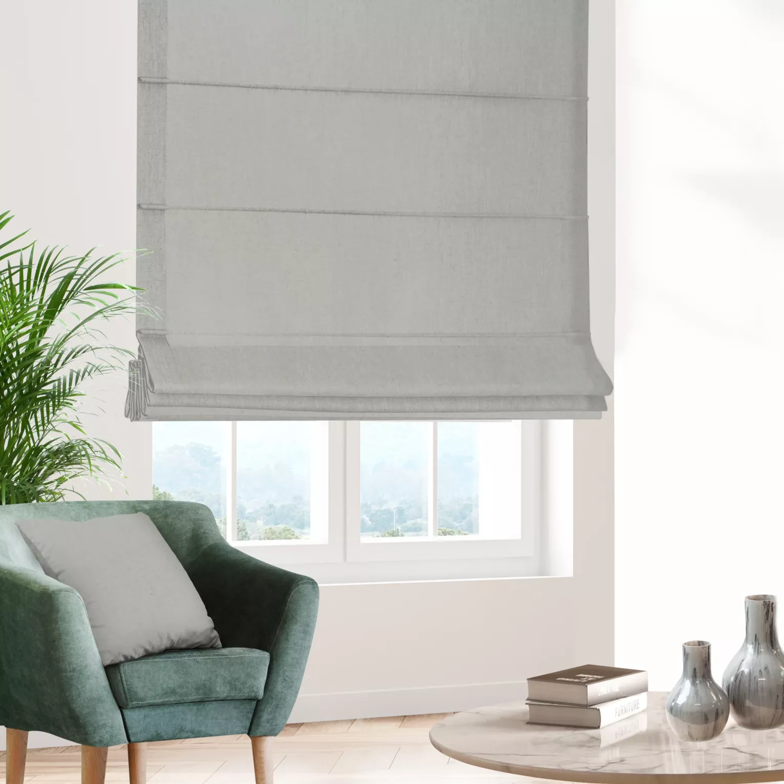 Roleta rzymska srebrna z tkaniny blackout zaciemniającej w 100% o naturalnej strukturze