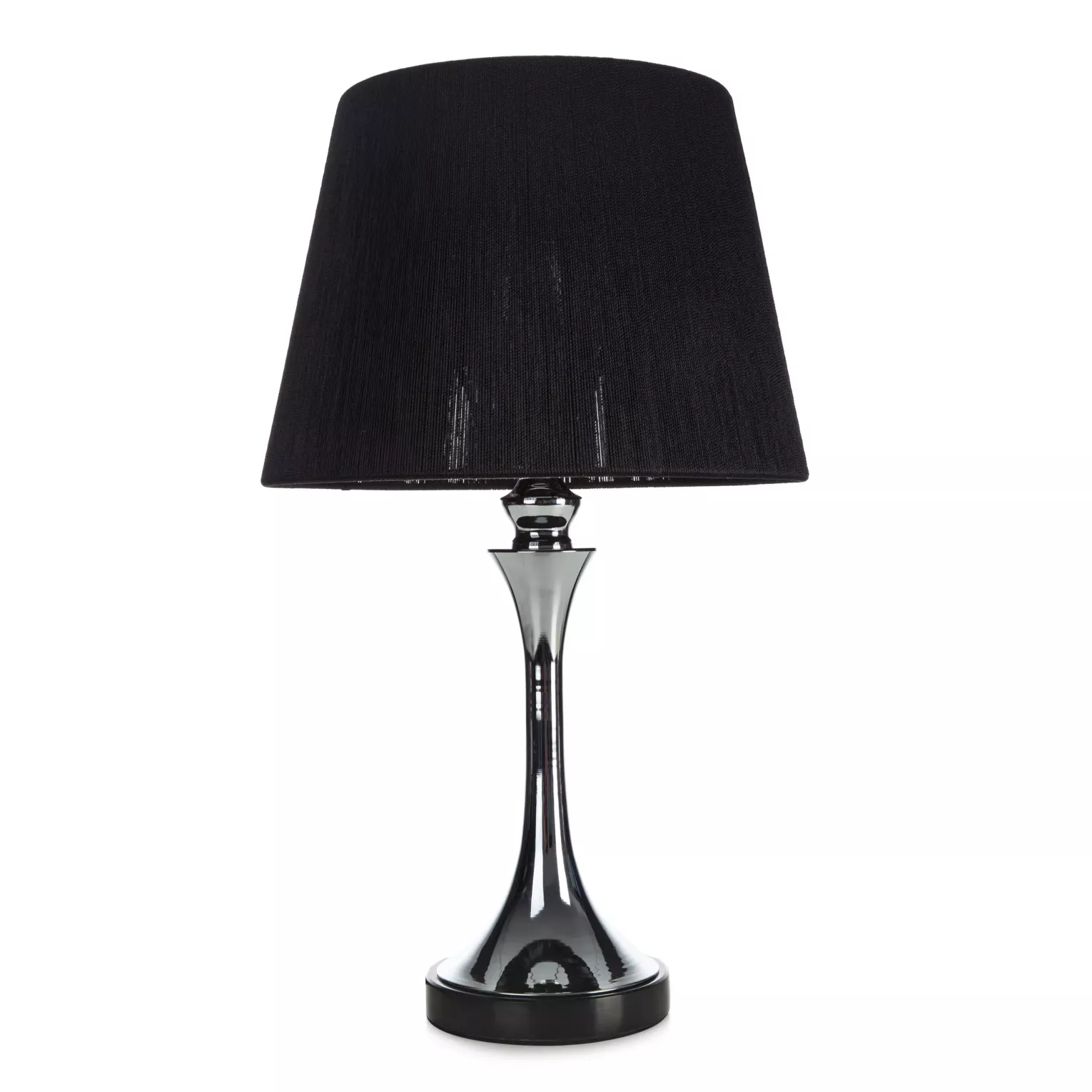 Lampa stołowa do salonu czarno, srebrna z ozdobną metalową podstawą i abażurem z matowej nici 26 x 60 cm ALINA