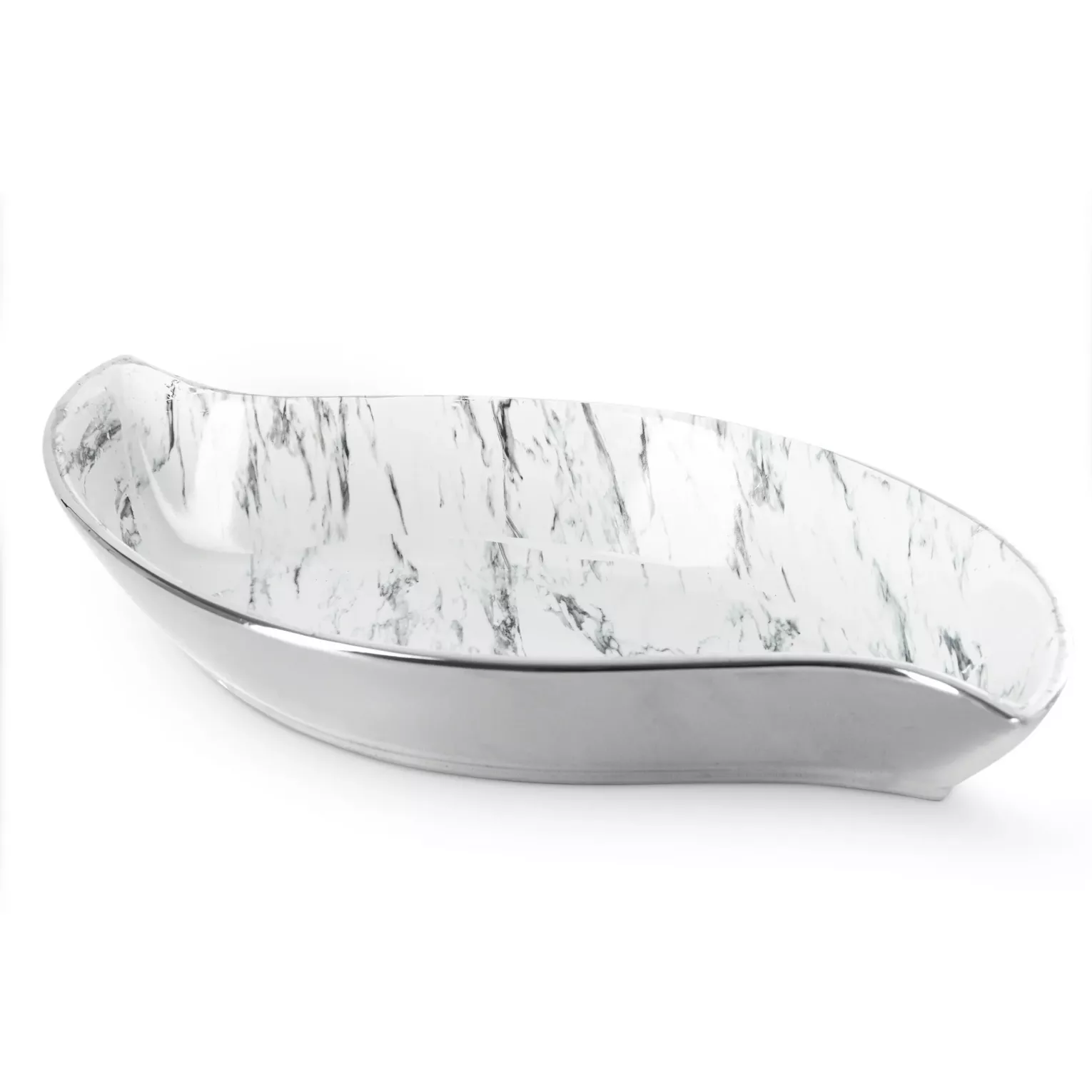 Patera ceramiczna dekoracyjna biało-srebrna  w kształcie łódki  z marmurkowym wzorem 36x19x6 cm