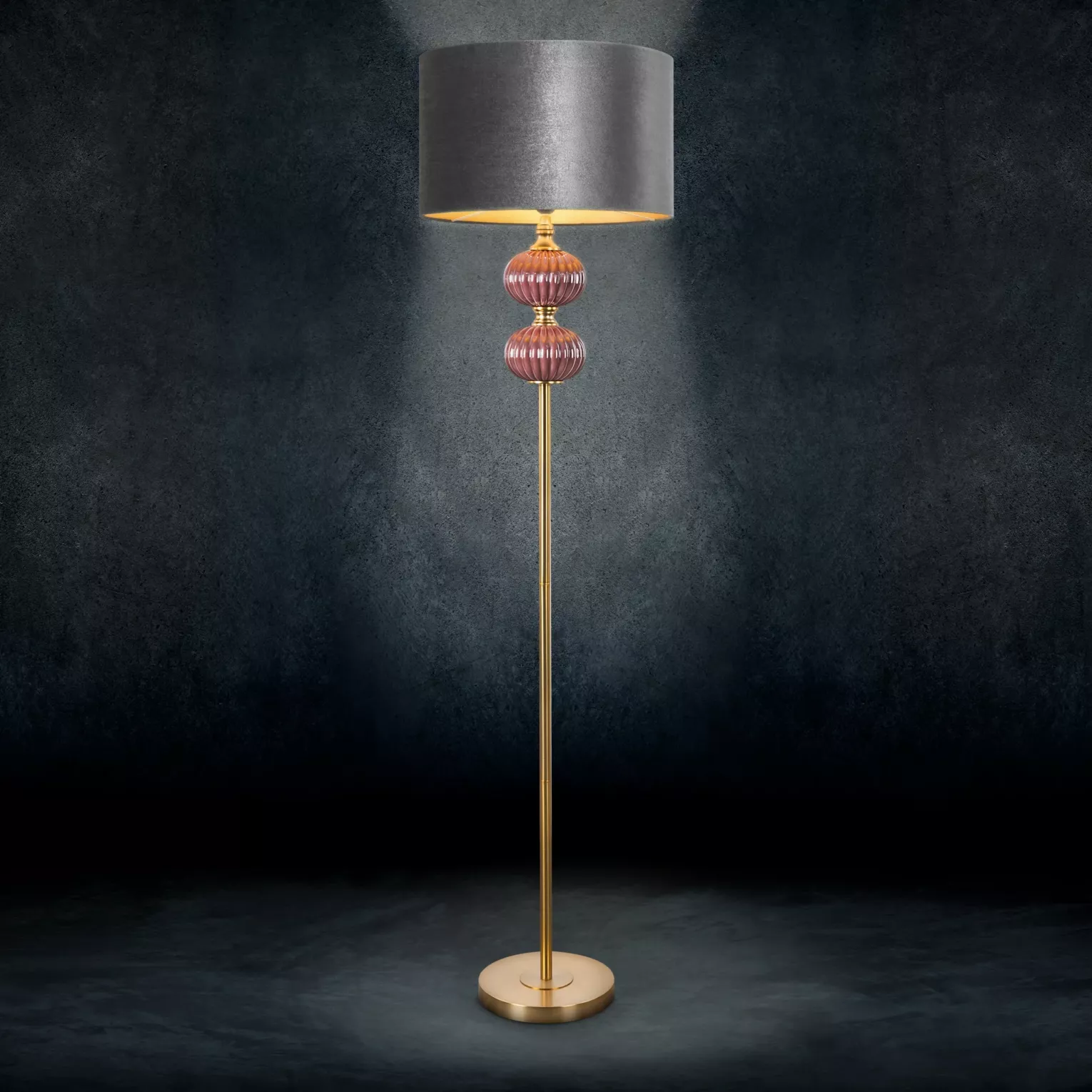 Lampa stojąca do salonu stalowo, bordowa MARITA z welwetowym abażurem