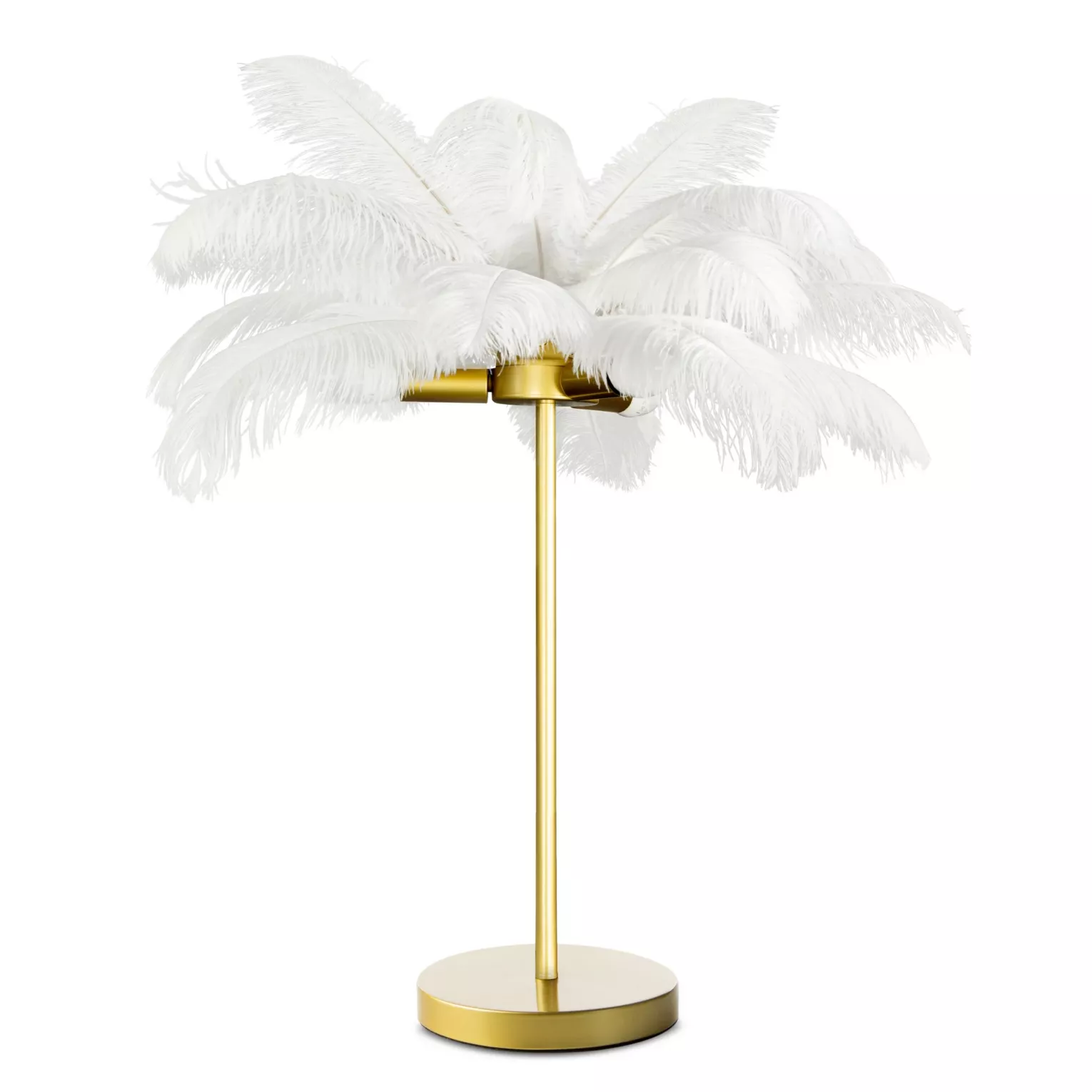 Lampa stołowa do salonu biało, złota na metalowej podstawie z niezwykle efektownym abażurem z naturalnych strusich piór 65 x 65 x 68 cm FERI
