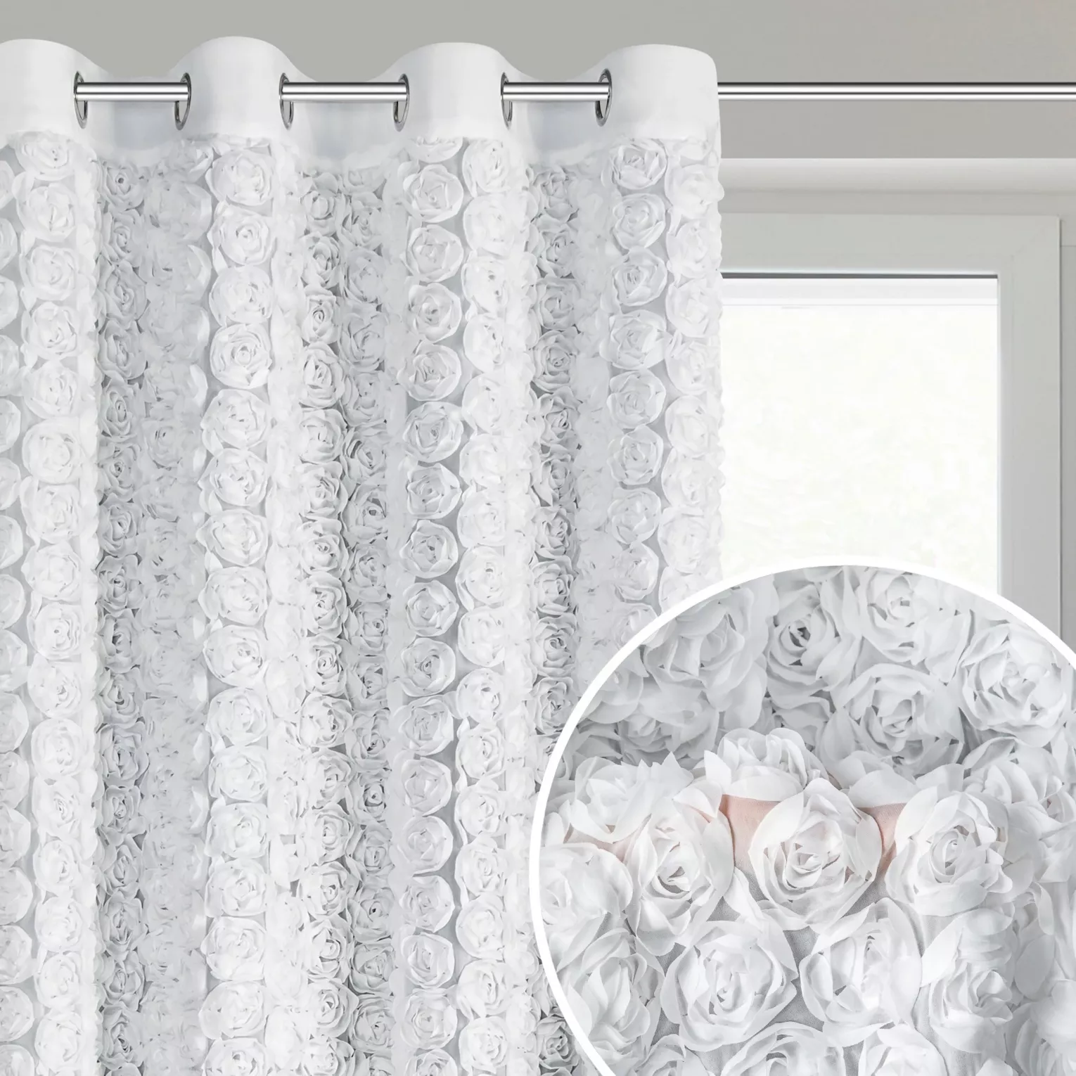 Zasłona biała z szyfonu zdobiona różami 3D 140x250 cm przelotka - ROSES Eva Minge